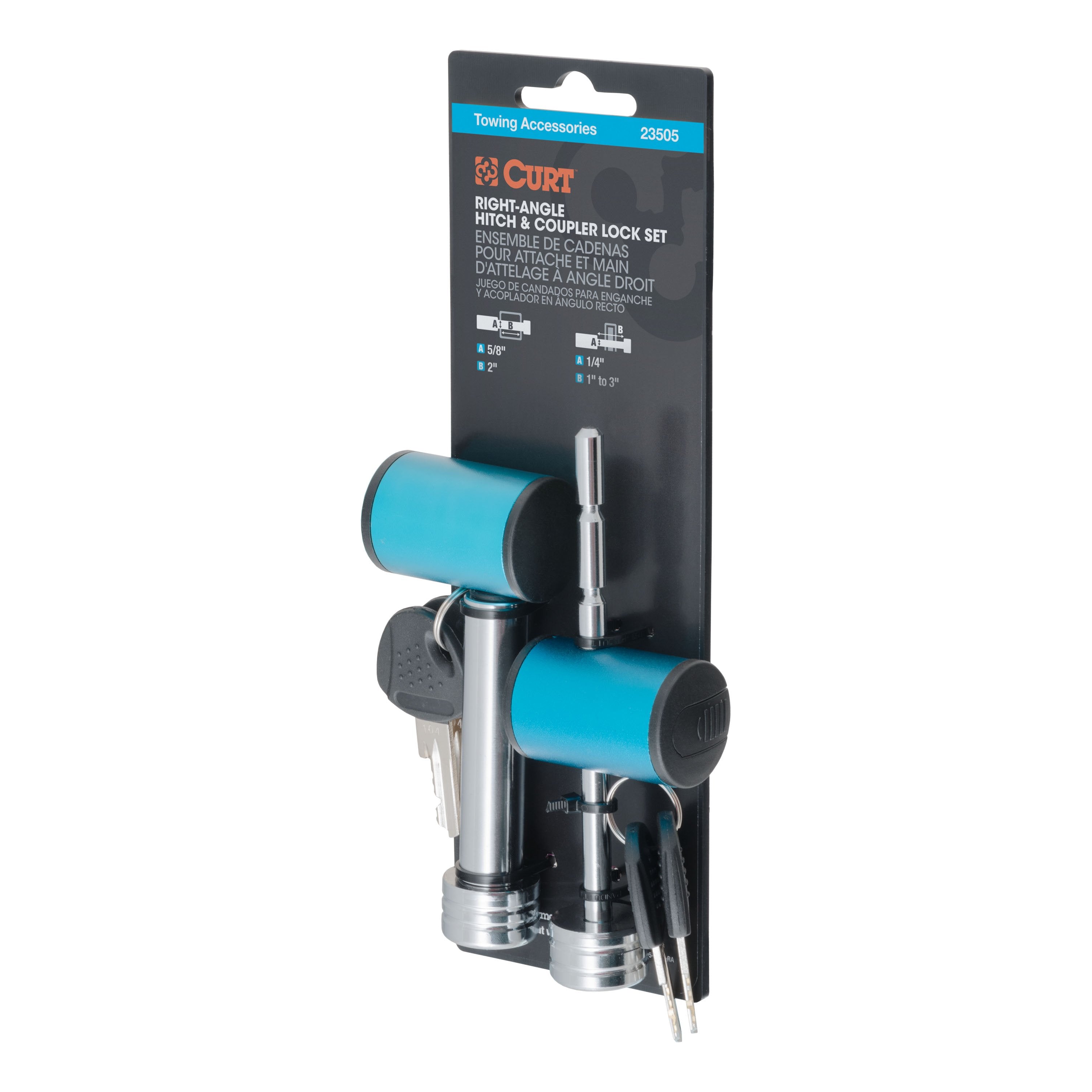 CURT Right-Angle Trailer Lock Set, 5/8-Inch Pin for 2-Inch Receiver, 1/4 x 3-Inch Coupler Span Model 23505