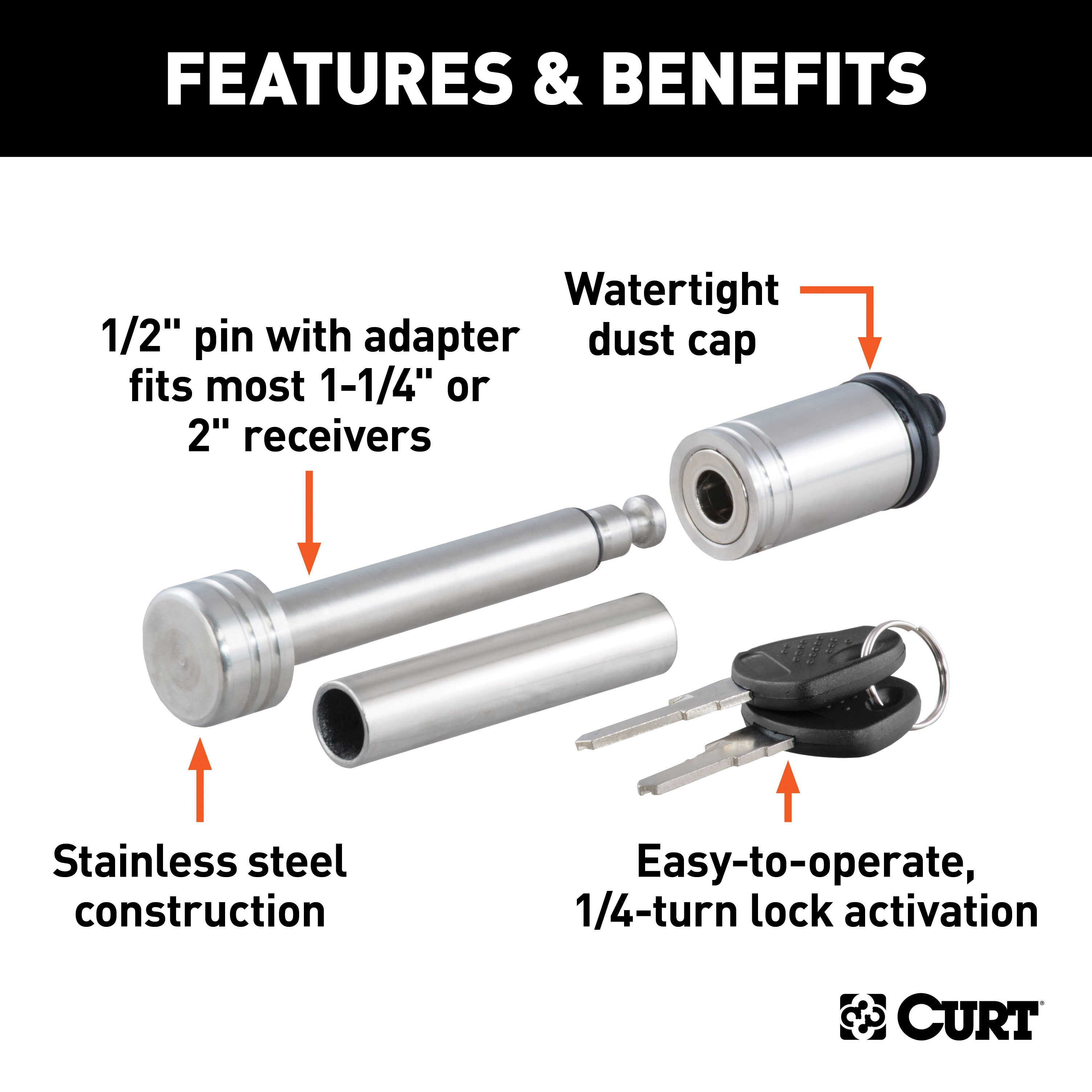 CURT Stainless Steel Trailer Hitch Lock, 1/2-Inch Pin Diameter, 5/8-Inch Adapter, Fits 1-1/4 or 2-Inch Receiver Model 23517