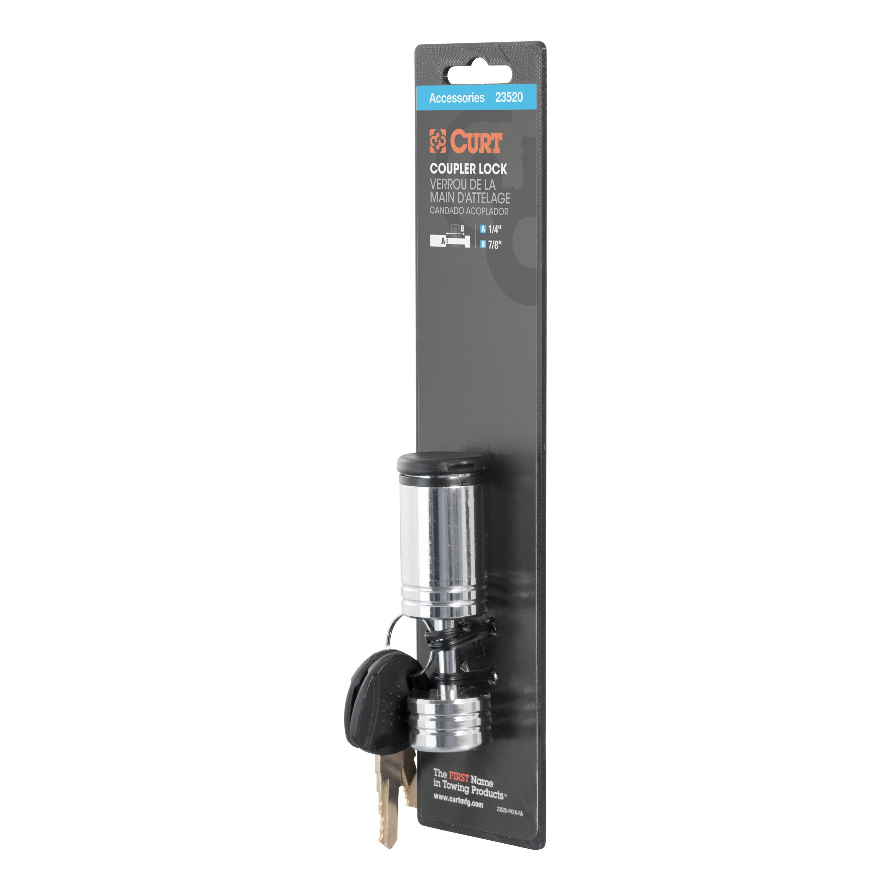 CURT Chrome Trailer Tongue Coupler Lock, 1/4-Inch Pin Diameter, Up to 7/8-Inch Span Model 23520
