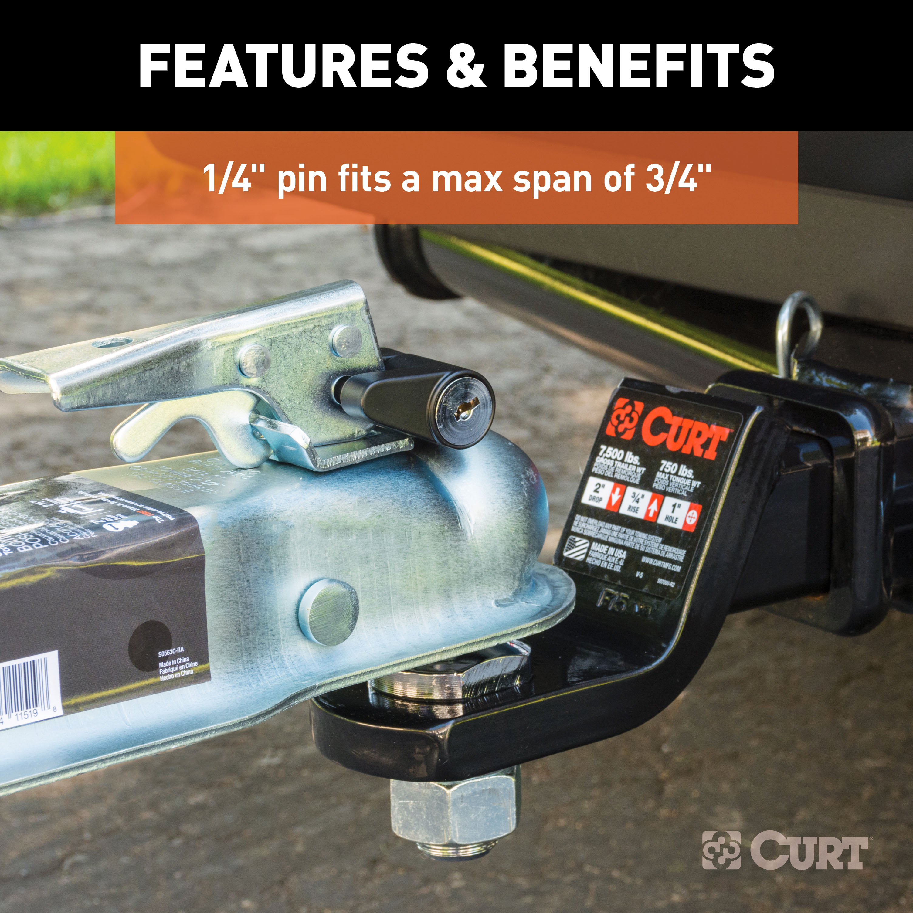 CURT Black Trailer Tongue Coupler Lock, 1/4-Inch Pin Diameter, Up to 3/4-Inch Span Model 23521
