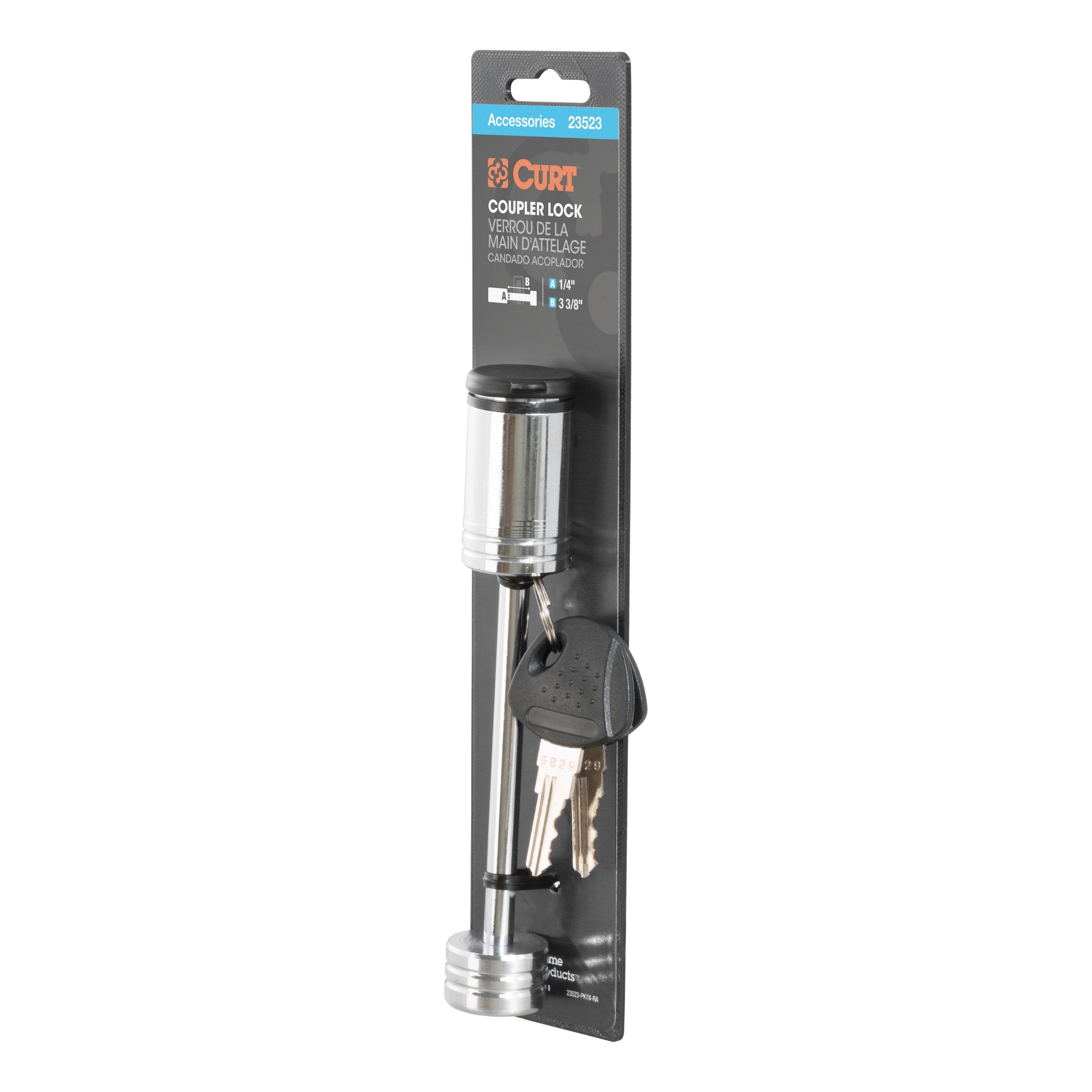 CURT Chrome Trailer Tongue Coupler Lock, 1/4-Inch Pin Diameter, Up to 3-3/8-Inch Span Model 23523