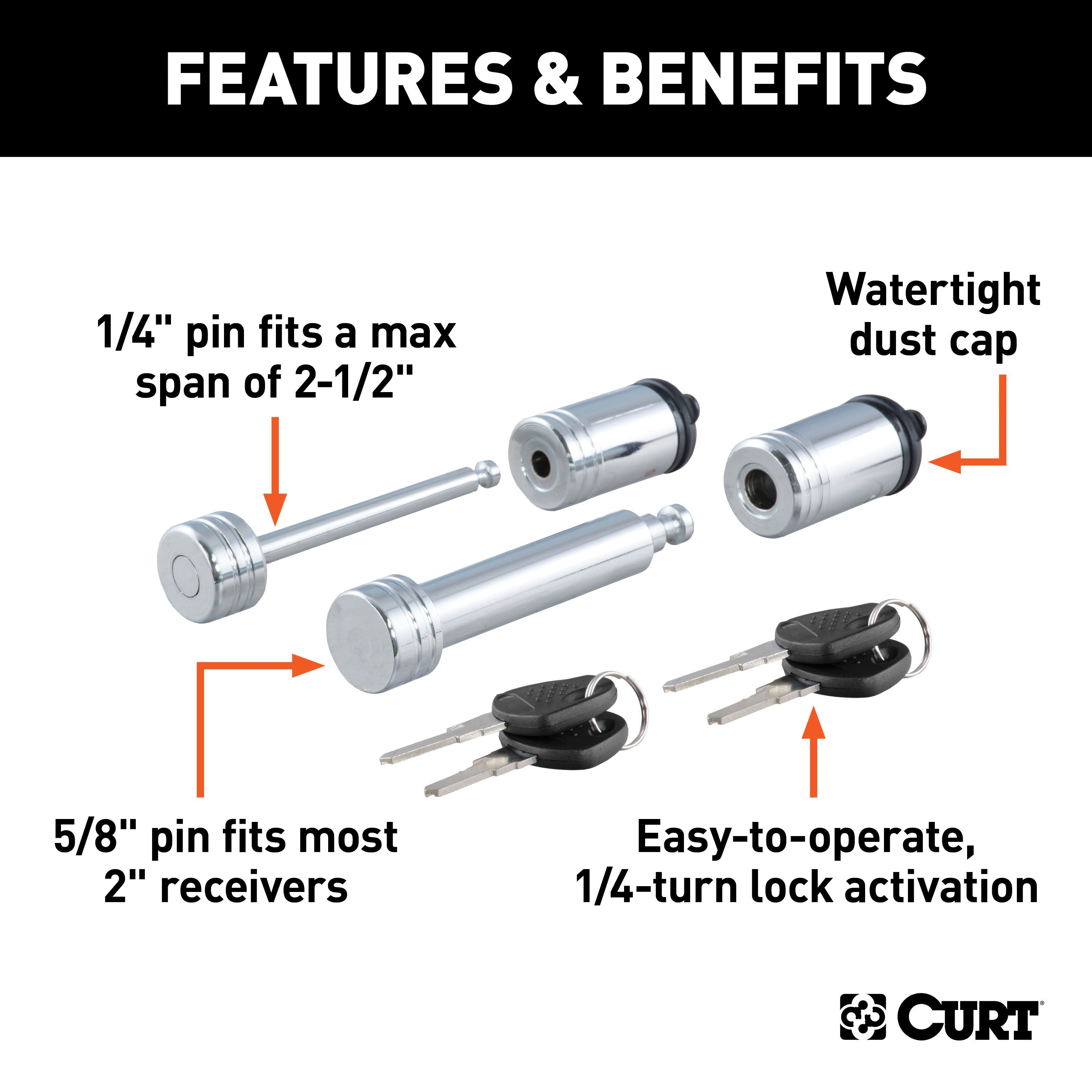 CURT Trailer Lock Set for 2-Inch Receiver, 2-1/2-Inch Coupler Latch Span Model 23527