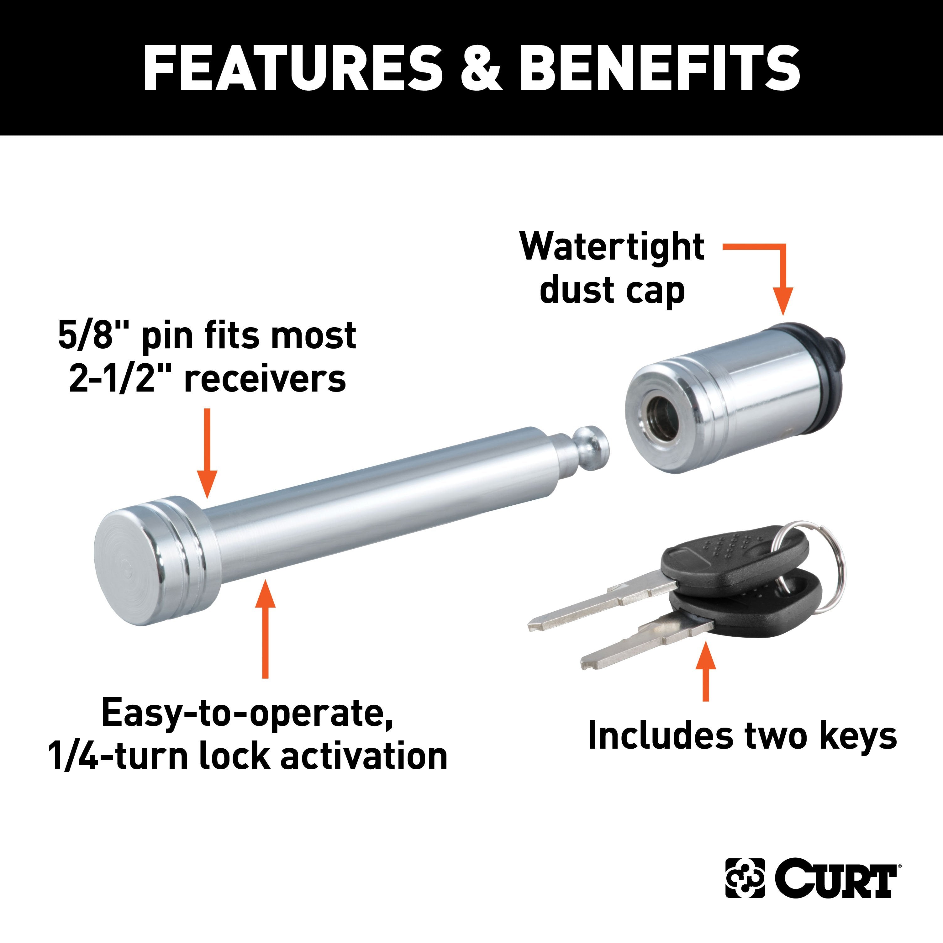 CURT Trailer Hitch Lock, 5/8-Inch Pin Diameter, Fits 2 or 2-1/2-Inch Receiver Model 23528