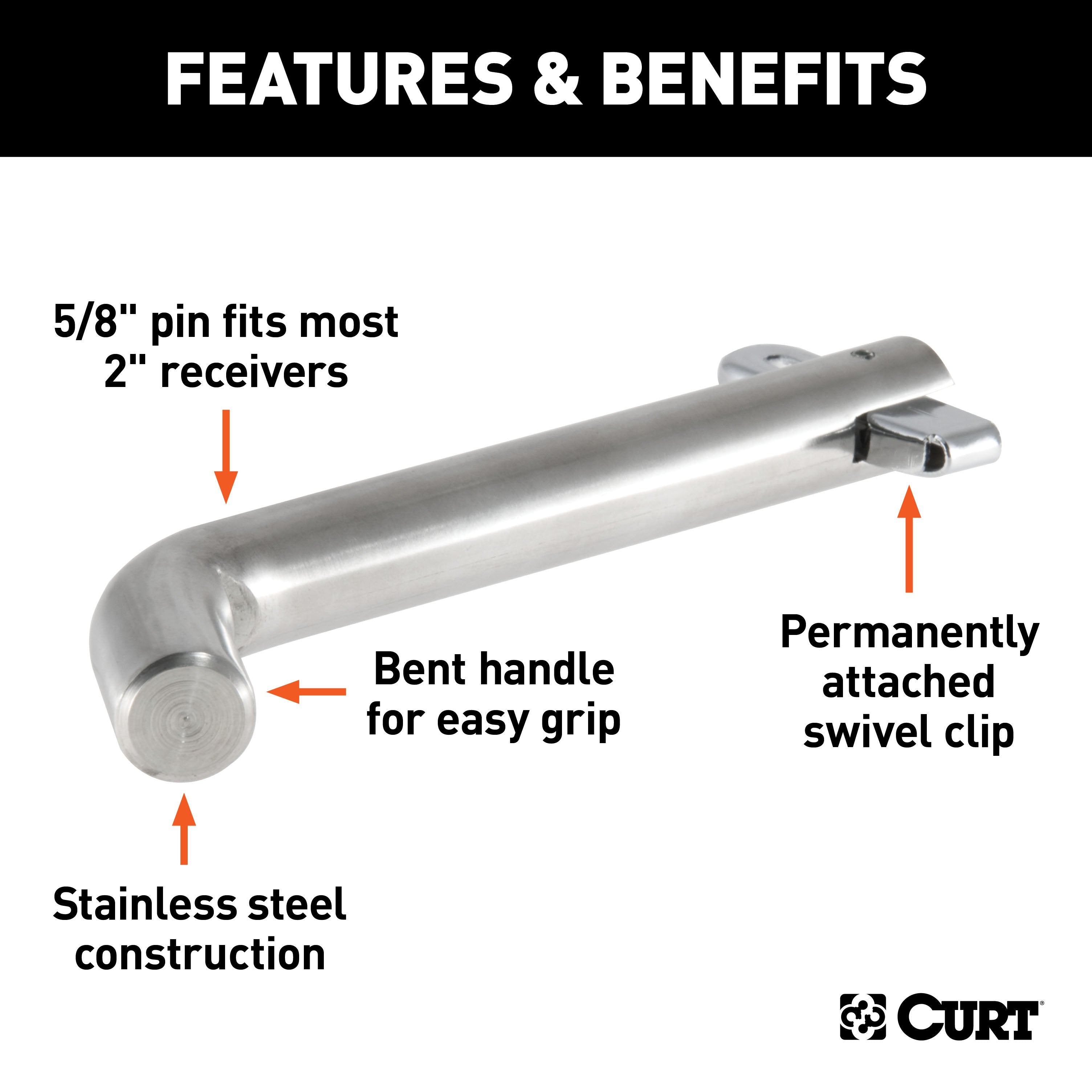 CURT Stainless Steel Swivel Trailer Hitch Pin, 5/8-Inch Diameter, Fits 2-Inch Receiver Model 23582