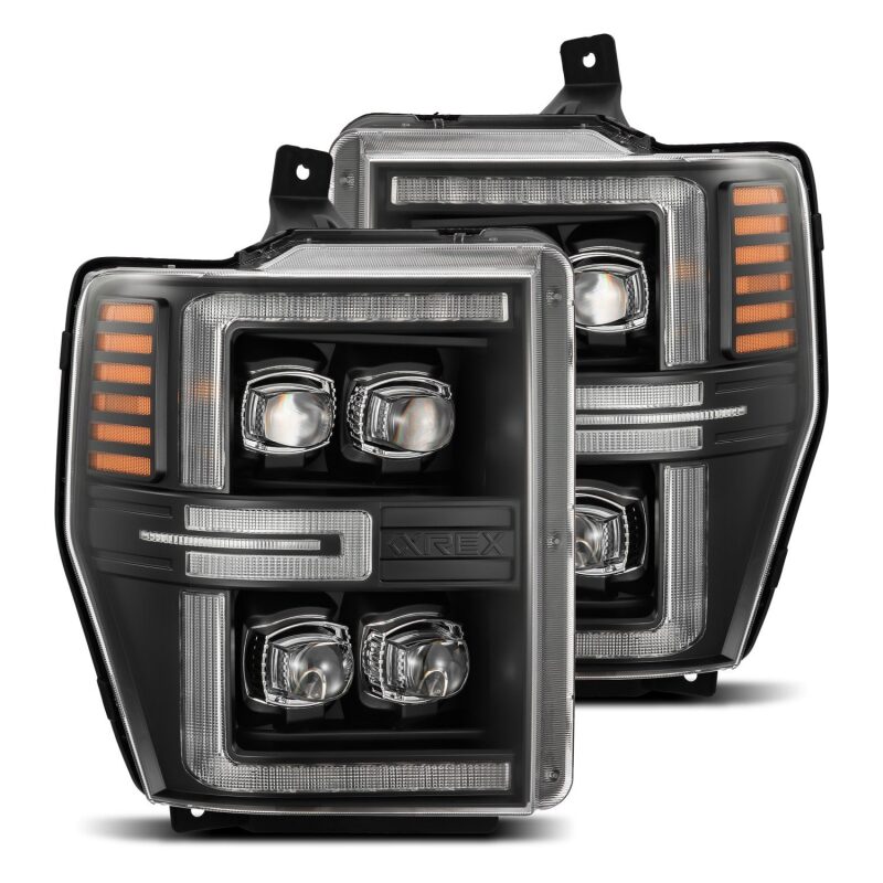 AlphaRex NOVA-Series LED projector headlights for 08-10 Ford F250-550 in black with sequential signal lights.