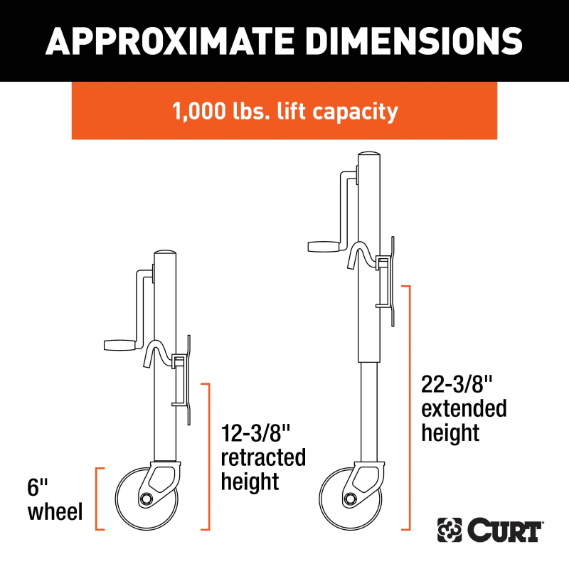 CURT Marine Trailer Jack with 6" Wheel 1,000 lbs, 10" Travel Model 25004