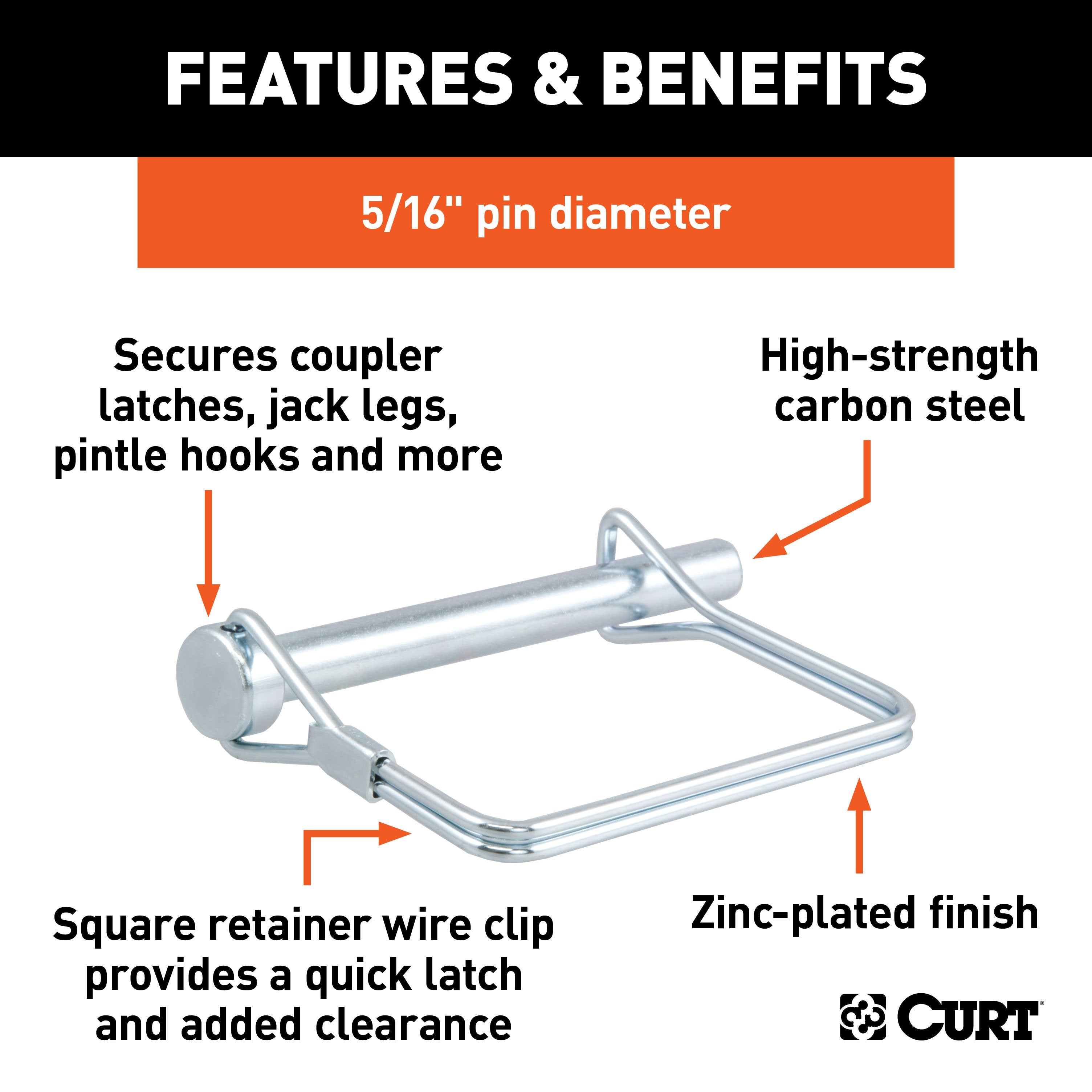 CURT Trailer Coupler Pin, 5/16-Inch Diameter x 3-Inch Long Model 25011