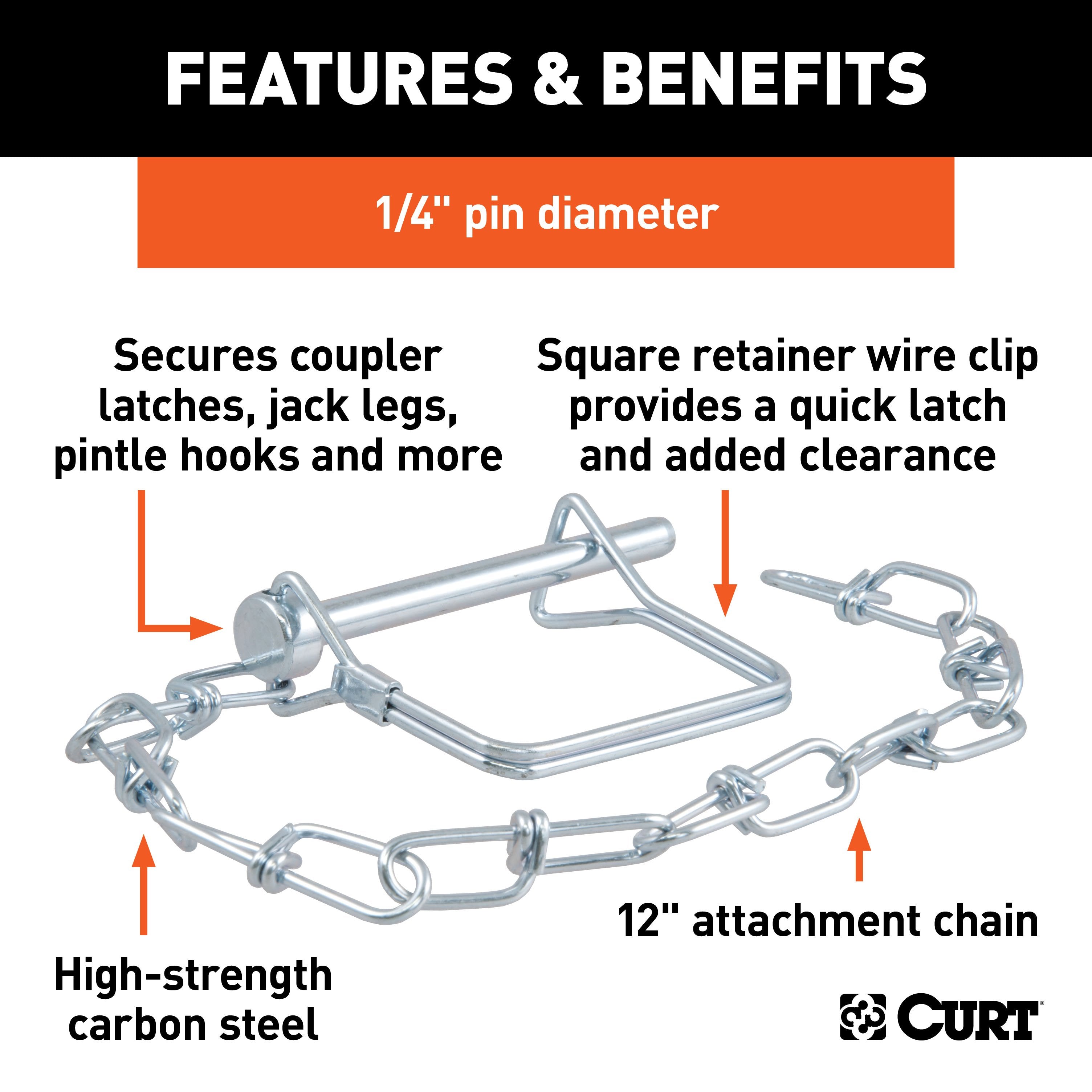 CURT Trailer Coupler Pin with 12-Inch Chain, 1/4-Inch Diameter x 2-3/4-Inch Long Model 25013