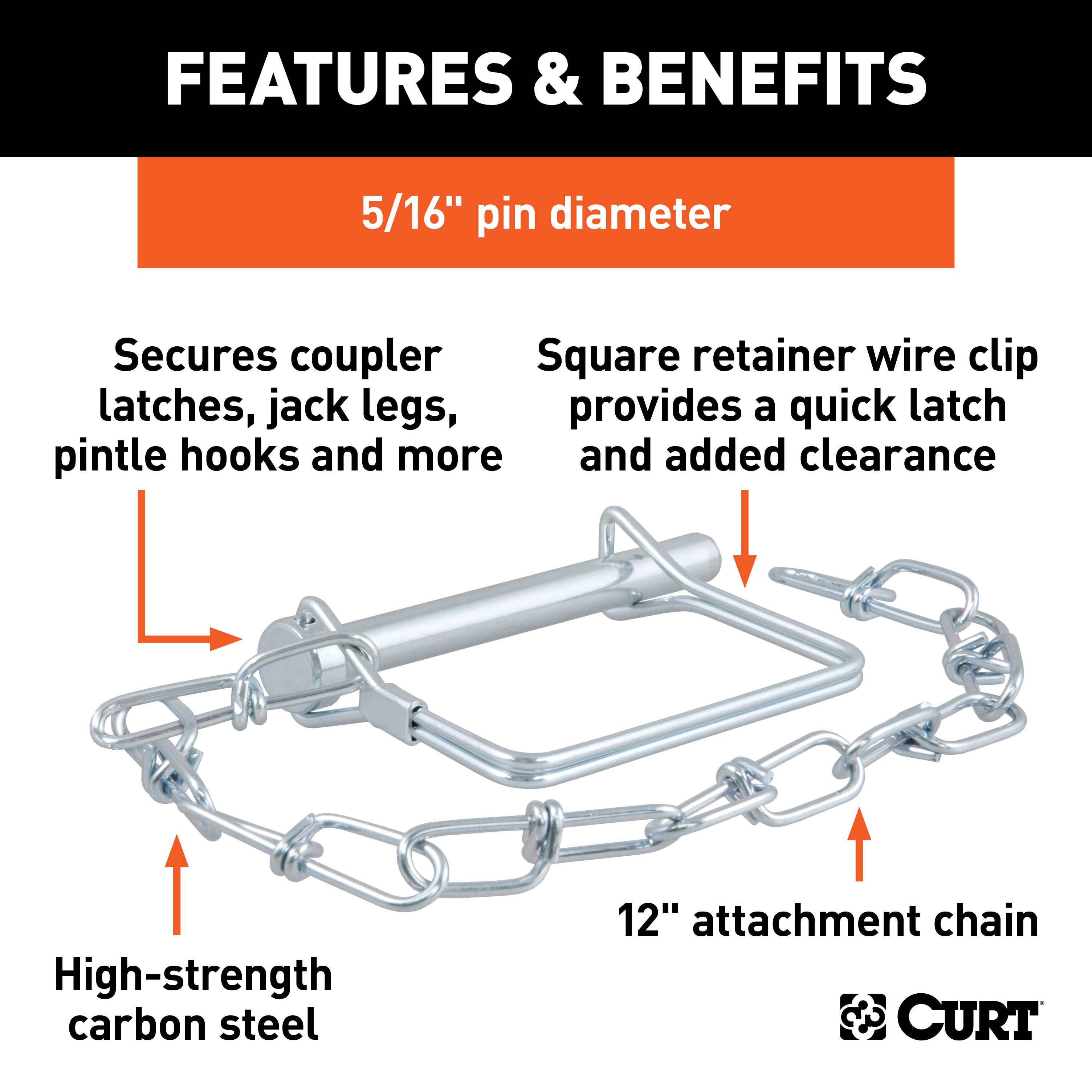 CURT Trailer Coupler Pin with 12-Inch Chain, 5/16-Inch Diameter x 3-Inch Long Model 25035