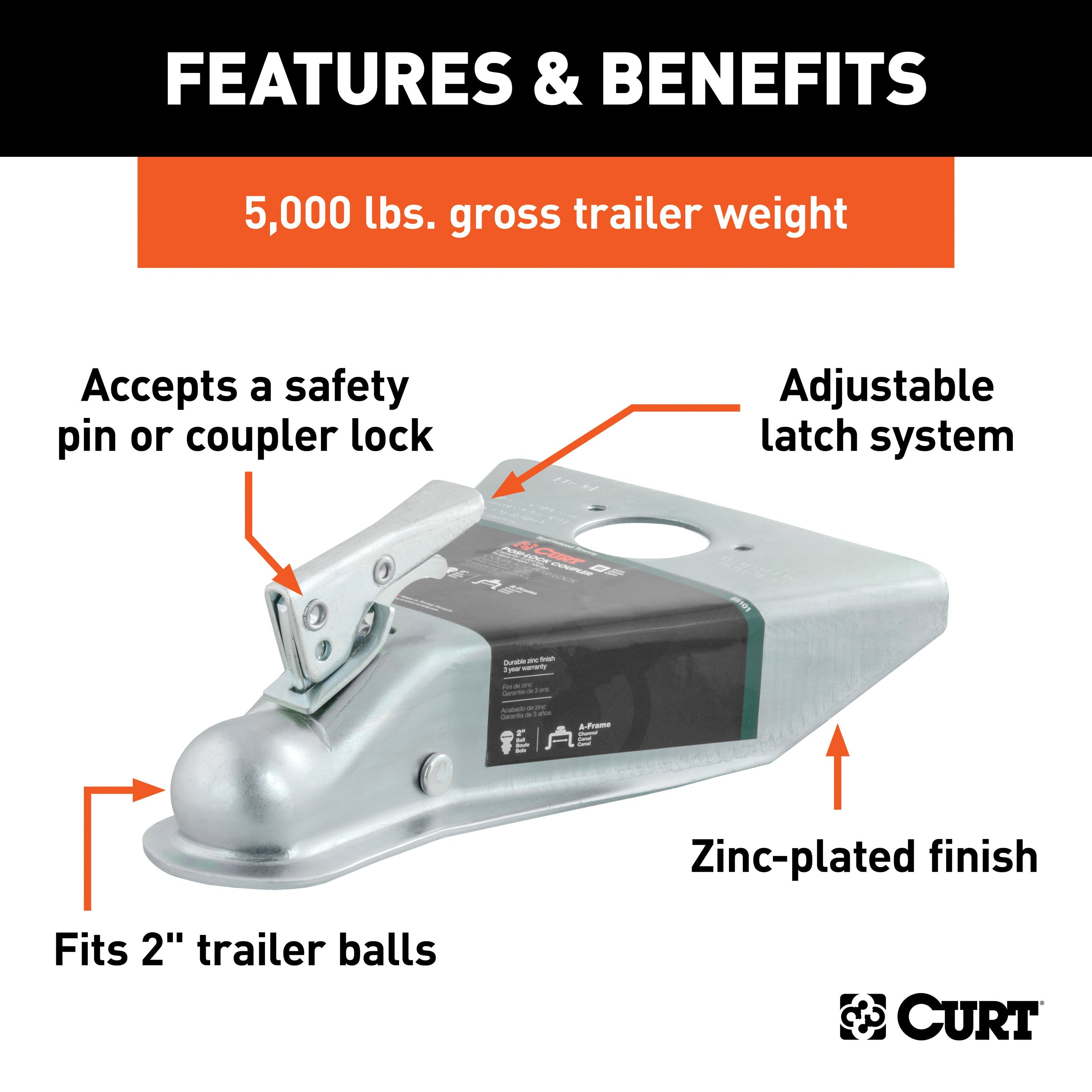 CURT A-Frame Trailer Coupler, 2-Inch Hitch Ball, 5,000 lbs Model 25101