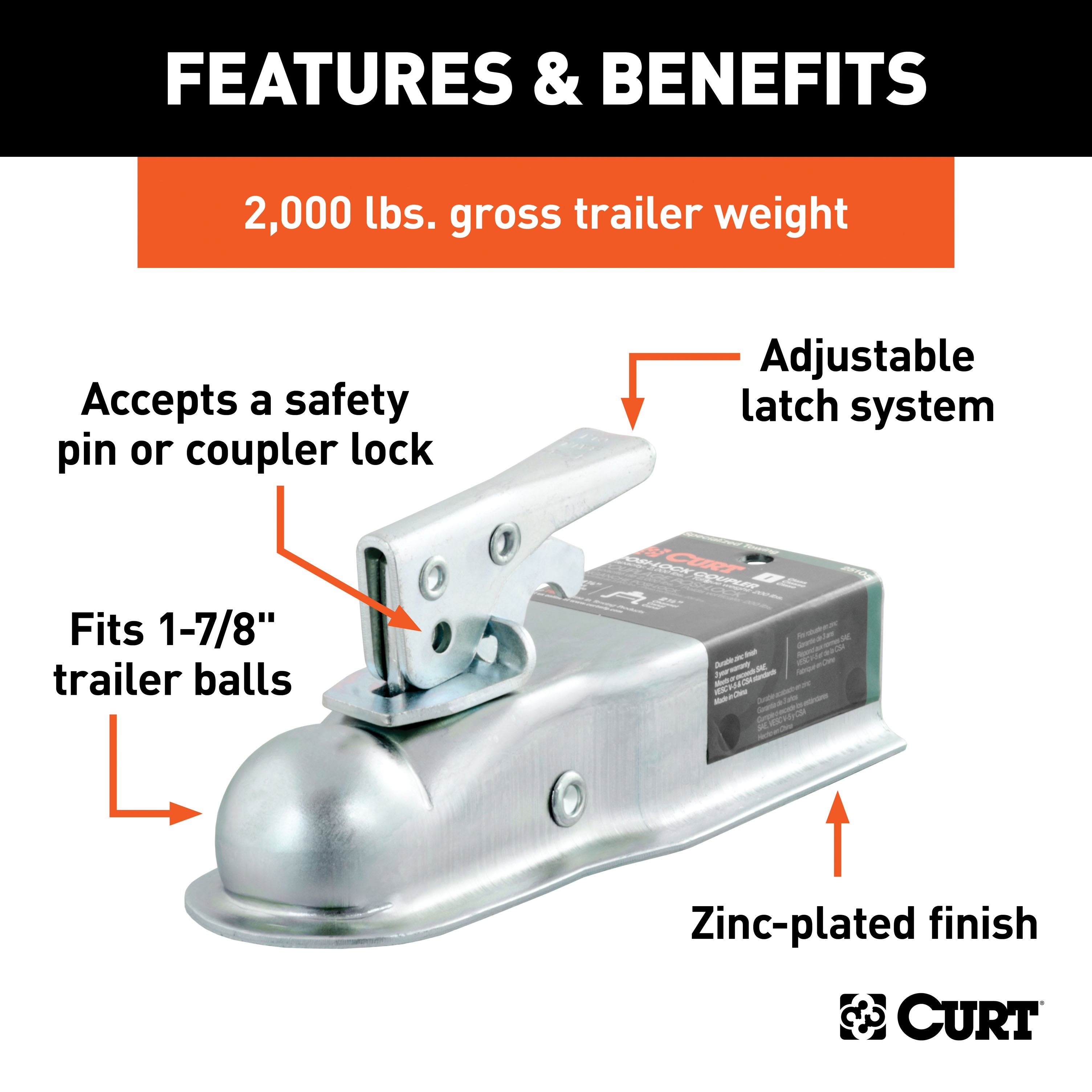CURT Straight Tongue Trailer Coupler for 2-1/2-Inch Channel, 1-7/8-In Hitch Ball, 2,000 lbs Model 25105