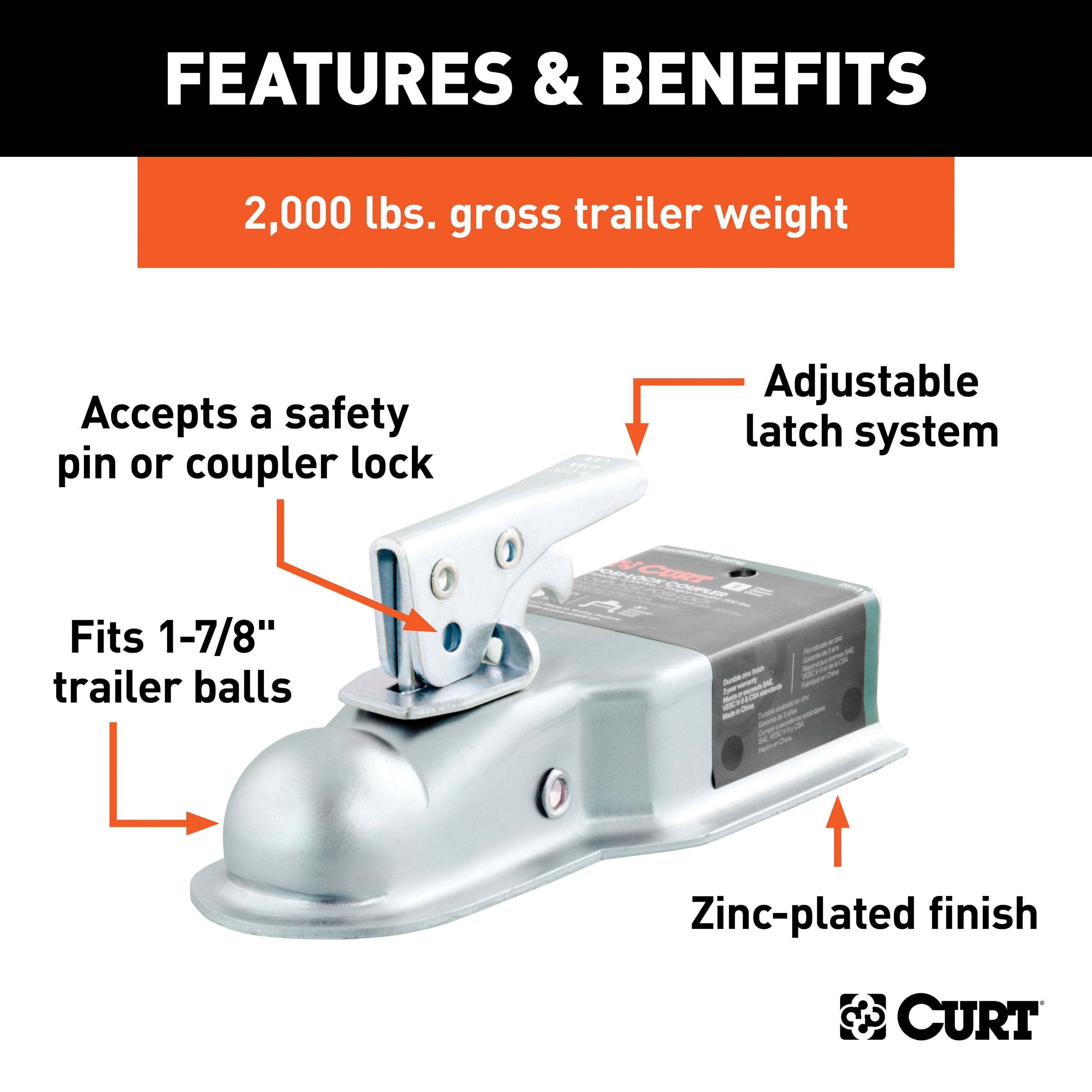 CURT Straight Tongue Trailer Coupler for 3-Inch Channel, 1-7/8-In Hitch Ball, 2,000 lbs Model 25131