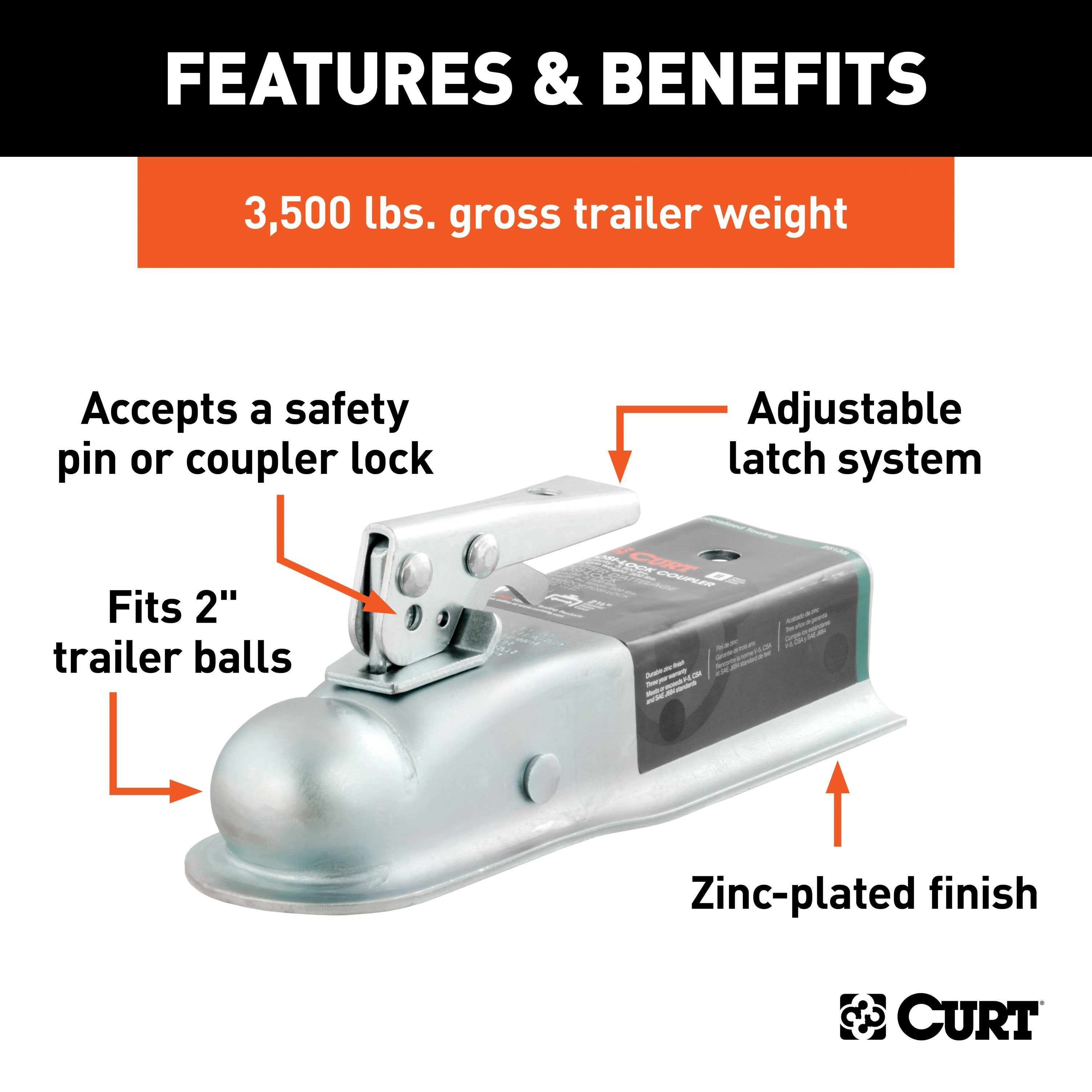 CURT Straight Tongue Trailer Coupler for 2-1/2-Inch Channel, 2-In Hitch Ball, 3,500 lbs Model 25135