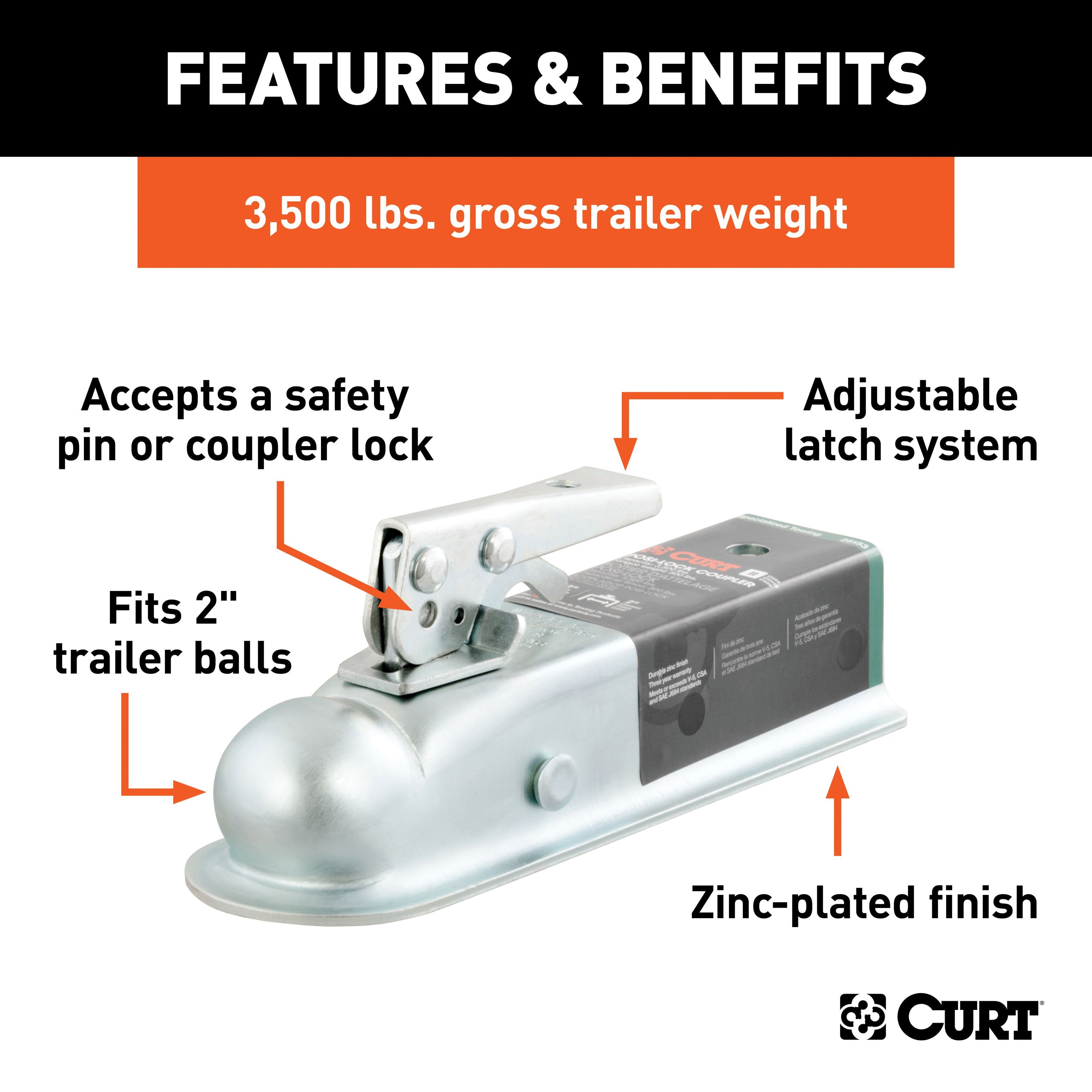CURT Straight Tongue Trailer Coupler for 2-Inch Channel, 2-In Hitch Ball, 3,500 lbs Model 25153
