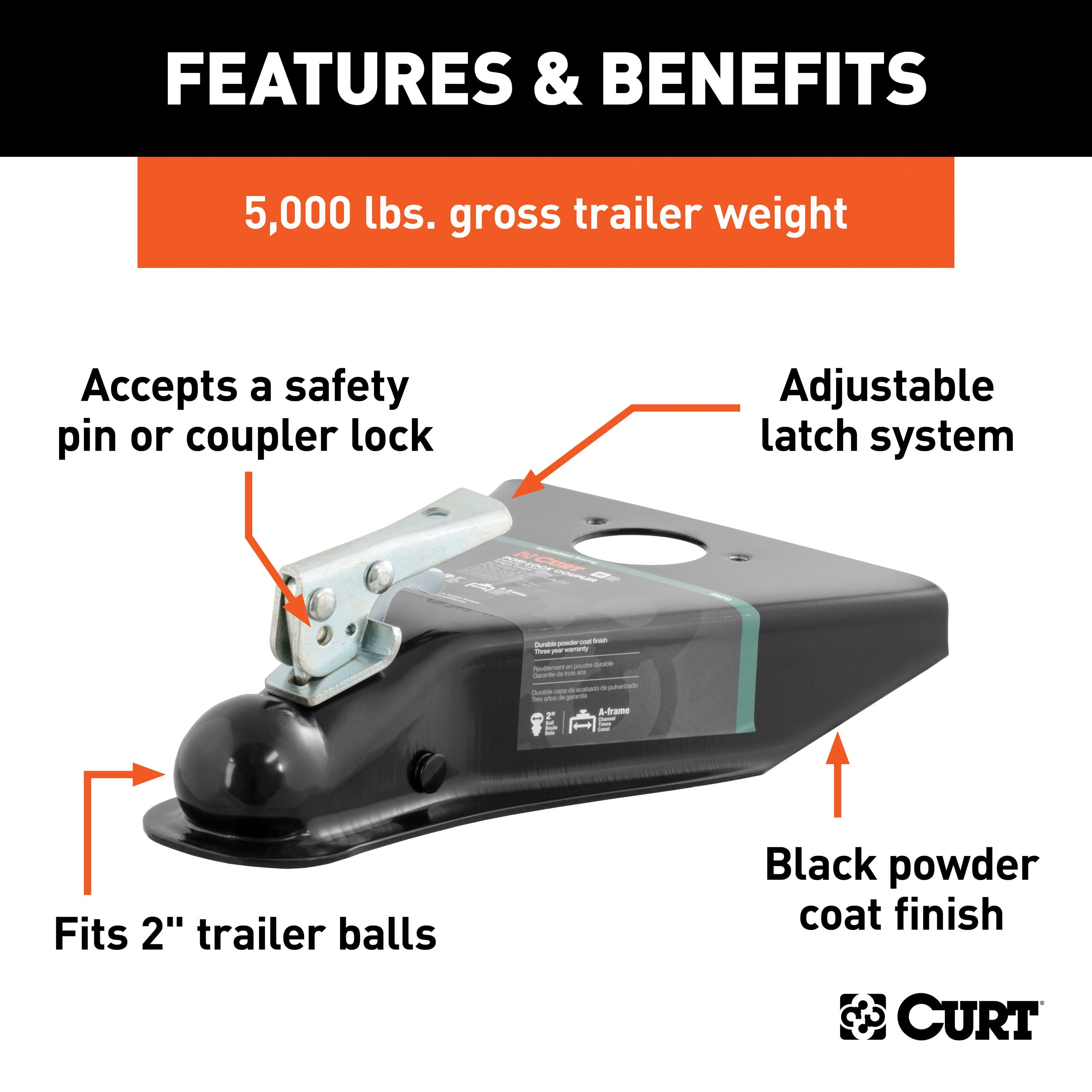 CURT Black A-Frame Trailer Coupler, 2-Inch Hitch Ball, 5,000 lbs Model 25210