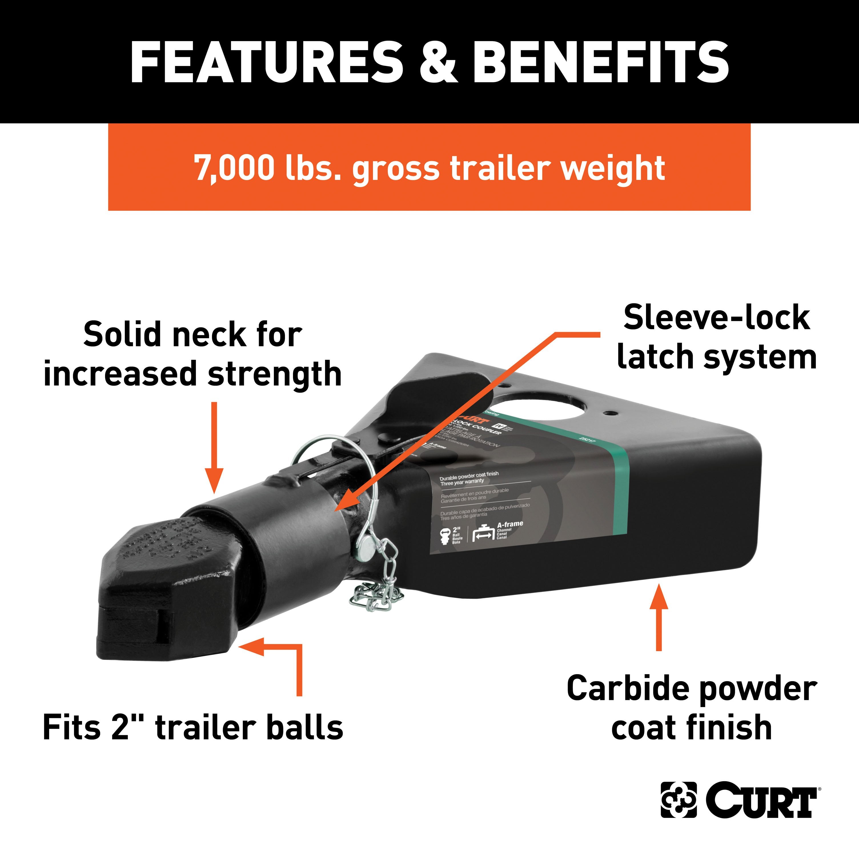 CURT Black A-Frame Trailer Coupler, 2-Inch Hitch Ball, 7,000 lbs Model 25217