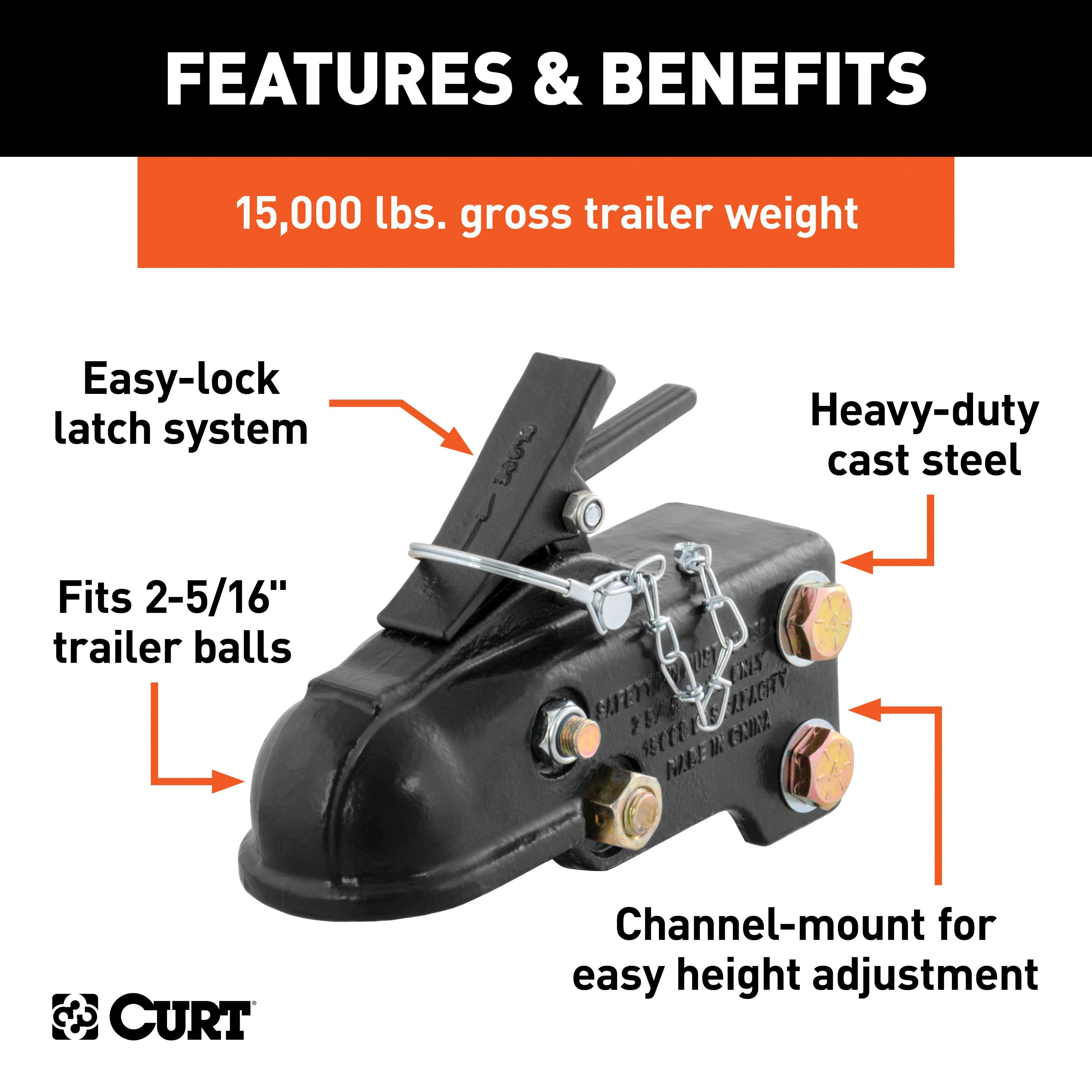 CURT Channel-Mount Adjustable Trailer Coupler, 2-5/16-Inch Hitch Ball, 15,000 lbs Model 25328