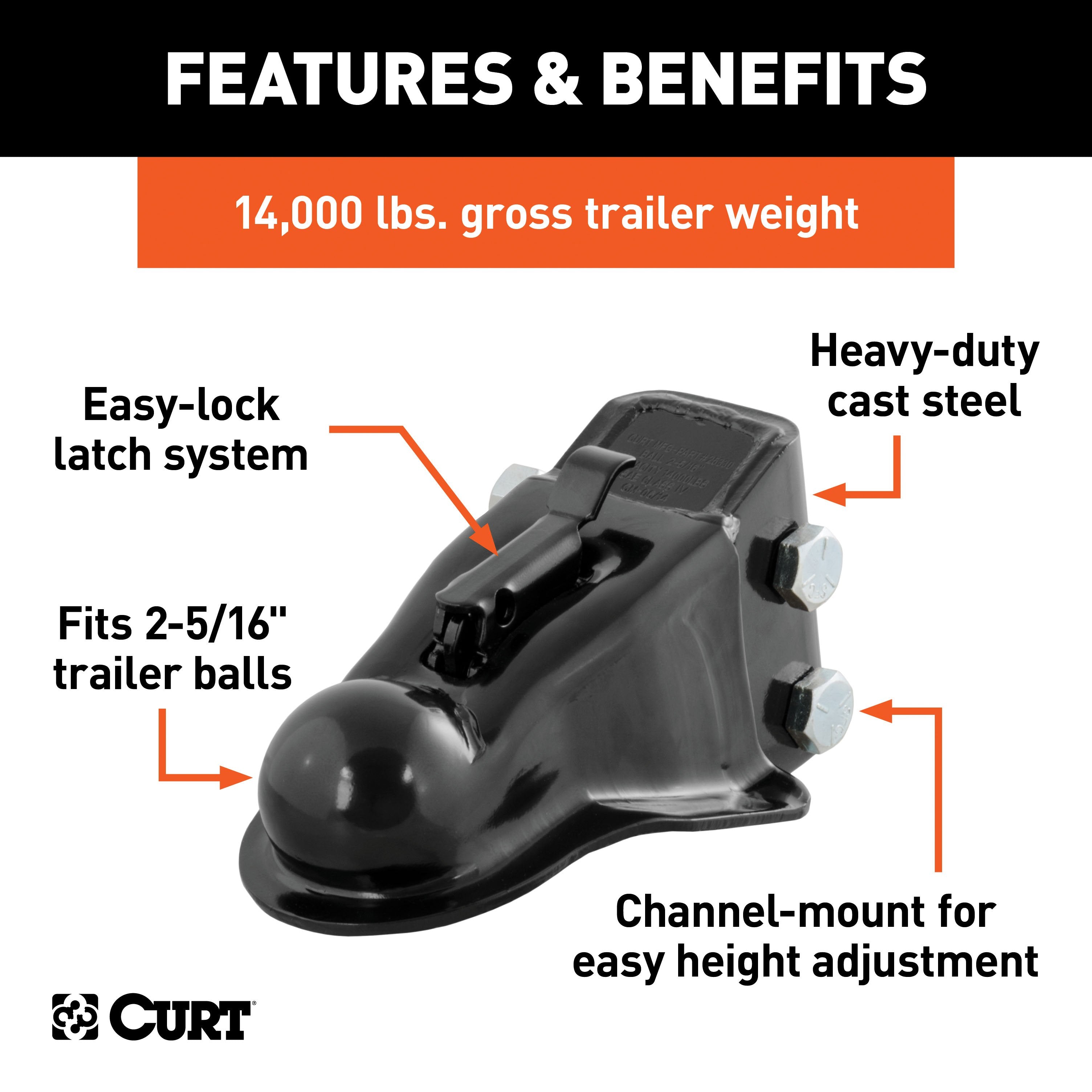 CURT Channel-Mount Adjustable Trailer Coupler, 2-5/16-Inch Hitch Ball, 14,000 lbs Model 25330