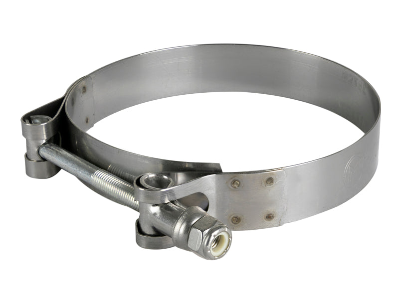AFE Magnum FORCE T-Bolt clamp kit designed for 3-9/16 inch to 3-7/8 inch ID range, featuring durable stainless steel construction.