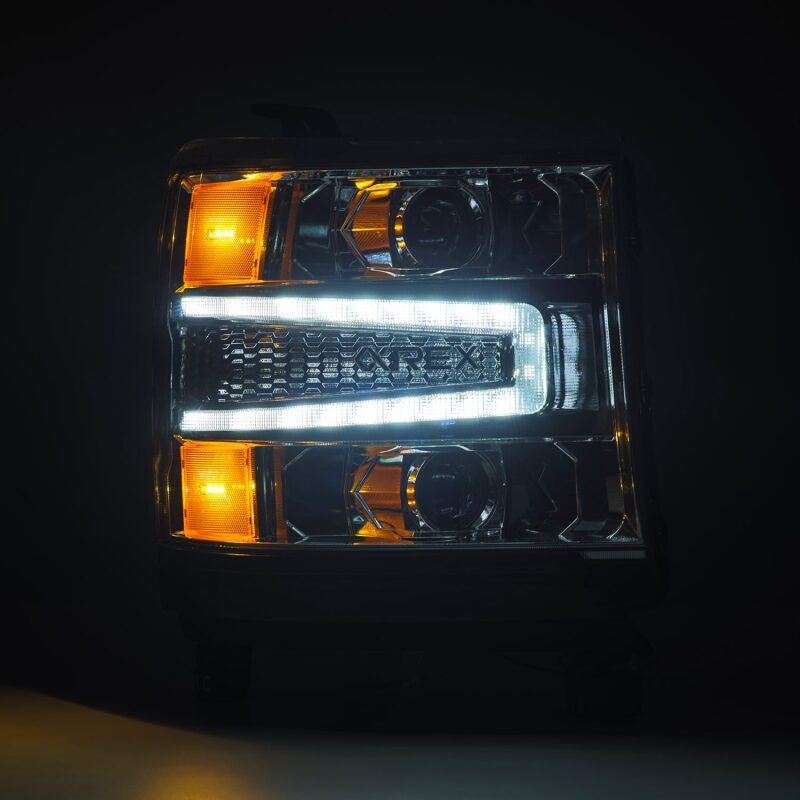 AlphaRex LUXX LED projector headlights for 2016-2018 Chevy 1500HD with sequential lights and chrome finish.
