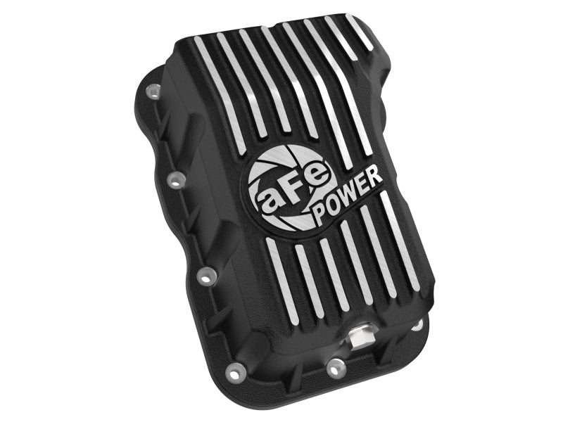 aFe POWER transmission pan for Jeep Wrangler JL 2018-2025, designed for L4-2.0L engines, featuring a durable black finish and striped design.
