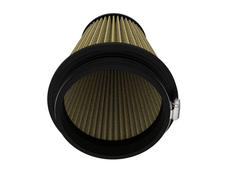 Universal aFe Magnum FLOW air filter with a cylindrical design, featuring a black frame and pleated filter media.