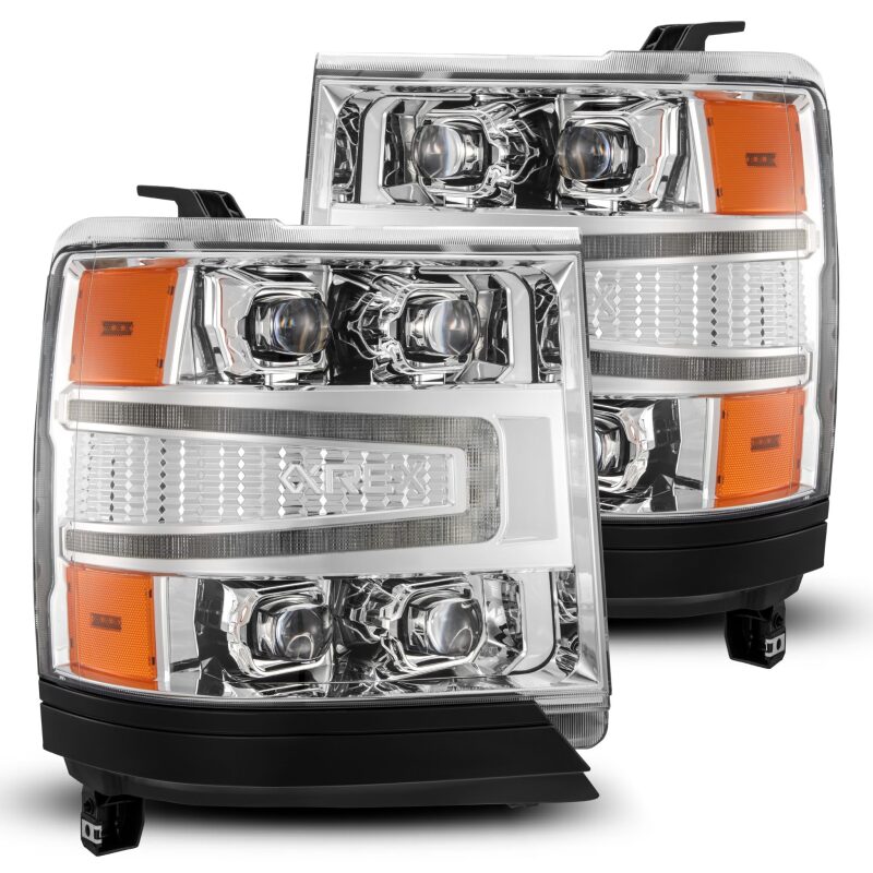 AlphaRex NOVA-Series LED projector headlights for 2016-2018 Chevy 1500HD with chrome finish, sequential signals, and DRL.