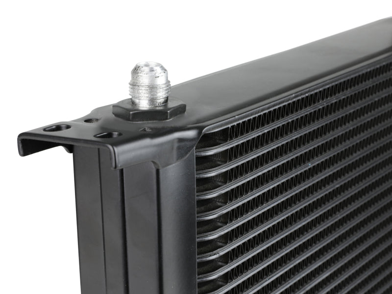 AFE BladeRunner oil cooler featuring a sleek black design with fins, measuring 10 inches long, 2 inches wide, and 8 inches high.