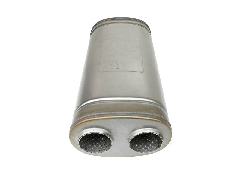 Afe MACH Force-Xp muffler with dual inlet and outlet, featuring an oval body design, measuring 5 inches high, 8 inches wide, and 18 inches long.