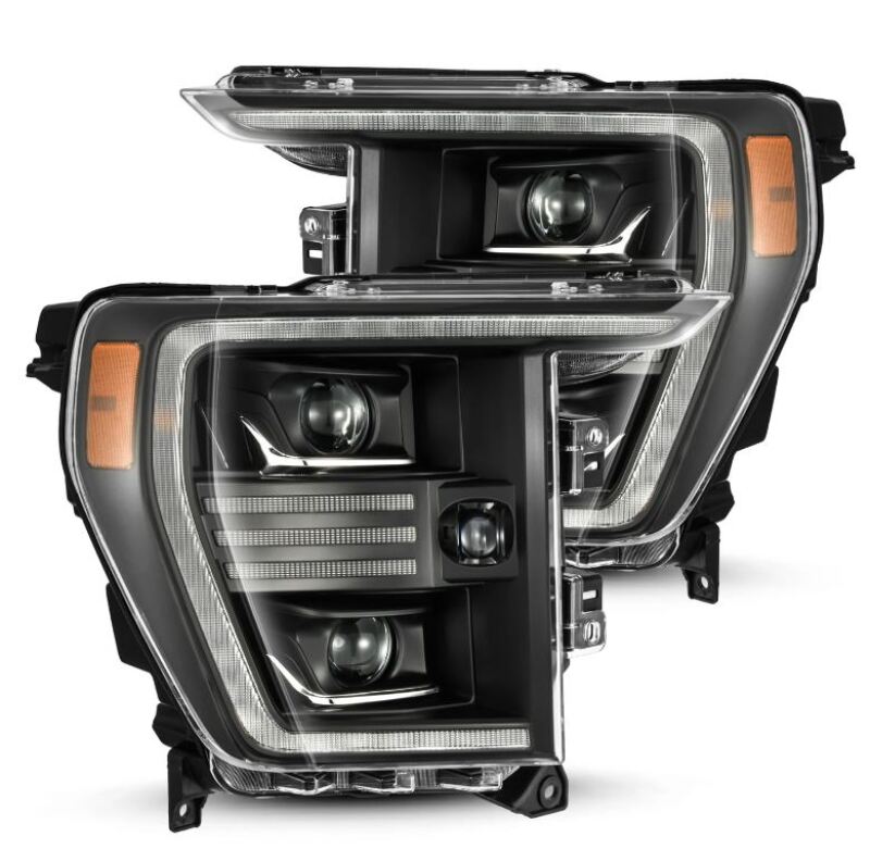 AlphaRex PRO-Series projector headlights for 21-22 Ford F150 in black, featuring sequential signals and active lighting.
