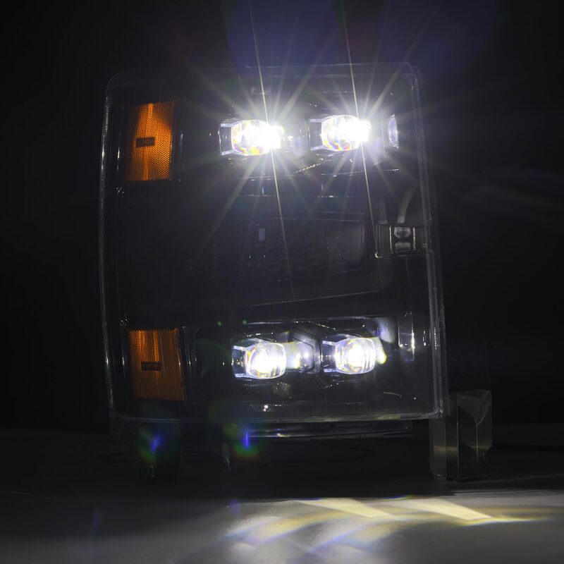 AlphaRex NOVA-Series LED projector headlights for 2004-2015 Chevy 1500 with sequential signals and daytime running lights.