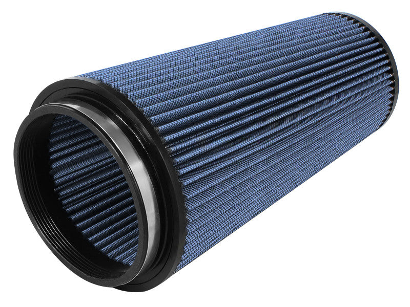 afe Magnum FLOW universal air filter with a blue pleated design, featuring a cylindrical shape and inverted top for optimal airflow.