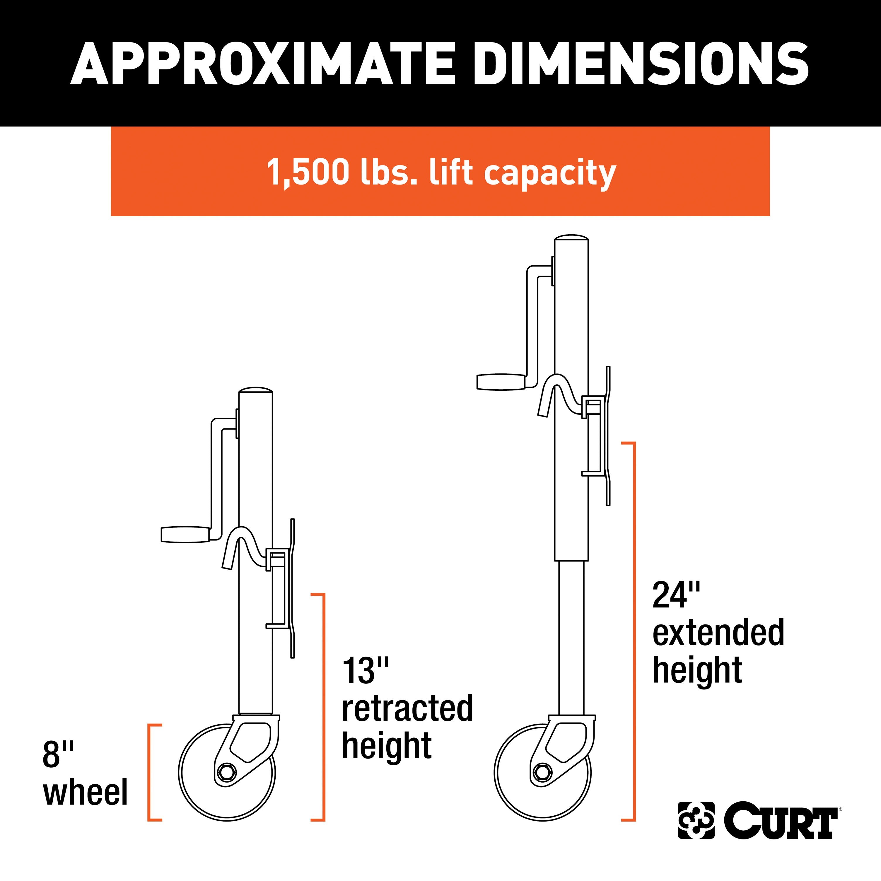 CURT Marine Boat Trailer Jack with 8-Inch Wheel, 1,500 lbs. Support Capacity, 11 Inches Vertical Travel Model 28115