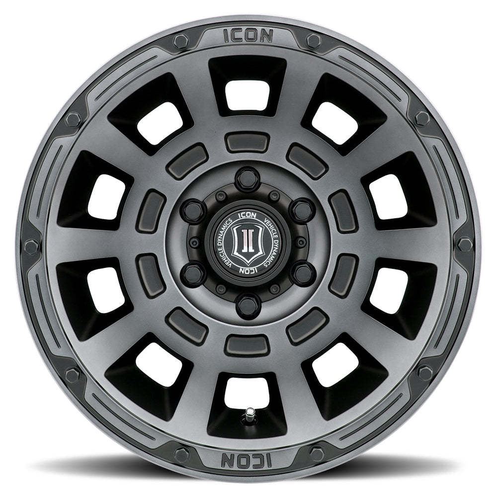 Thrust 17 X 8.5 / 6 X 5.5 / 0 MM / 4.75 Inch Back Space Smoked Satin Black, ICON Alloys