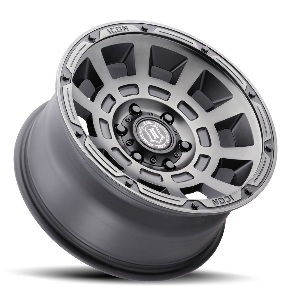 Thrust 17 X 8.5 / 6 X 5.5 / 0 MM / 4.75 Inch Back Space Smoked Satin Black, ICON Alloys