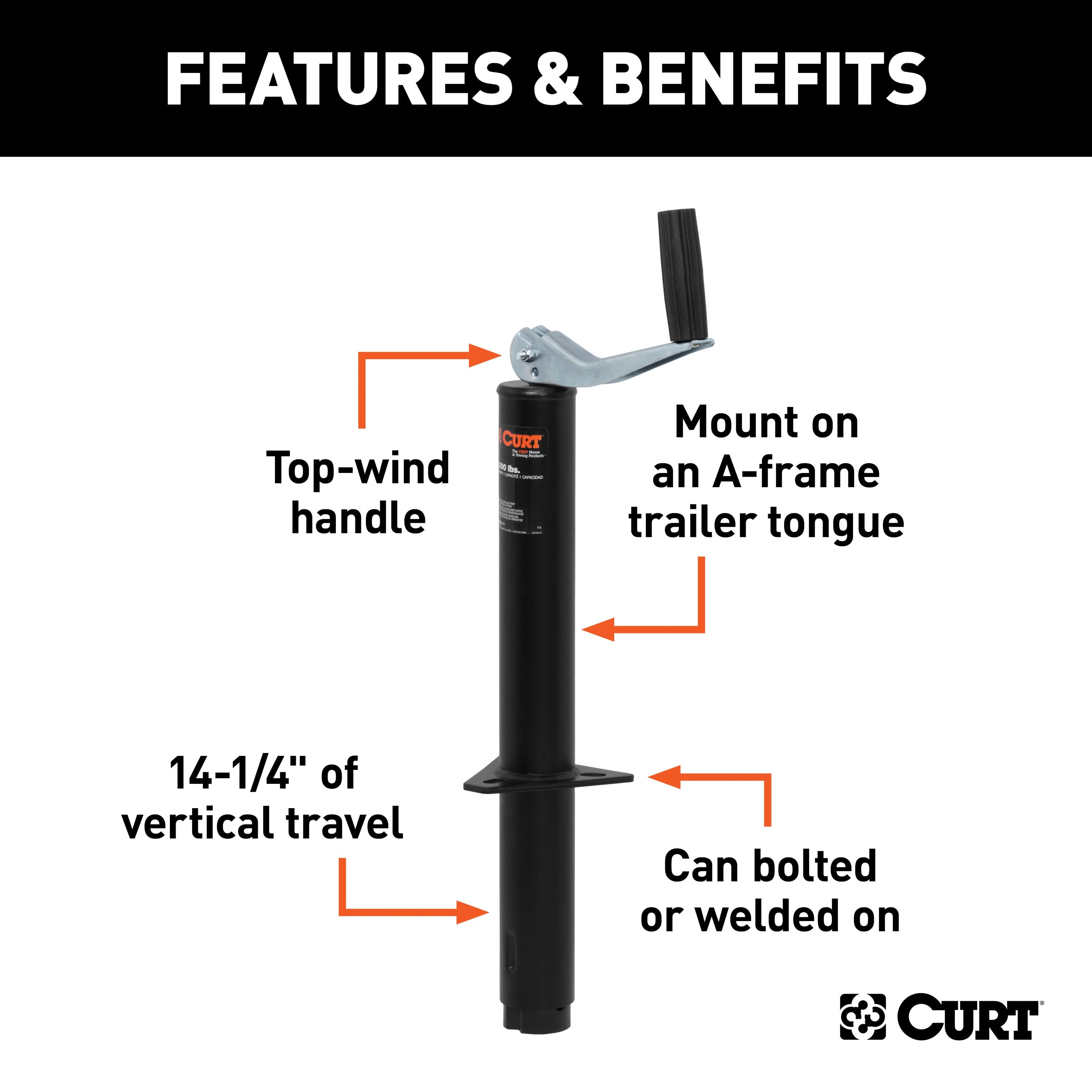 CURT A-Frame Trailer Jack, 3,000 lbs. Support Capacity, 14-1/4 Inches Vertical Travel Model 28200