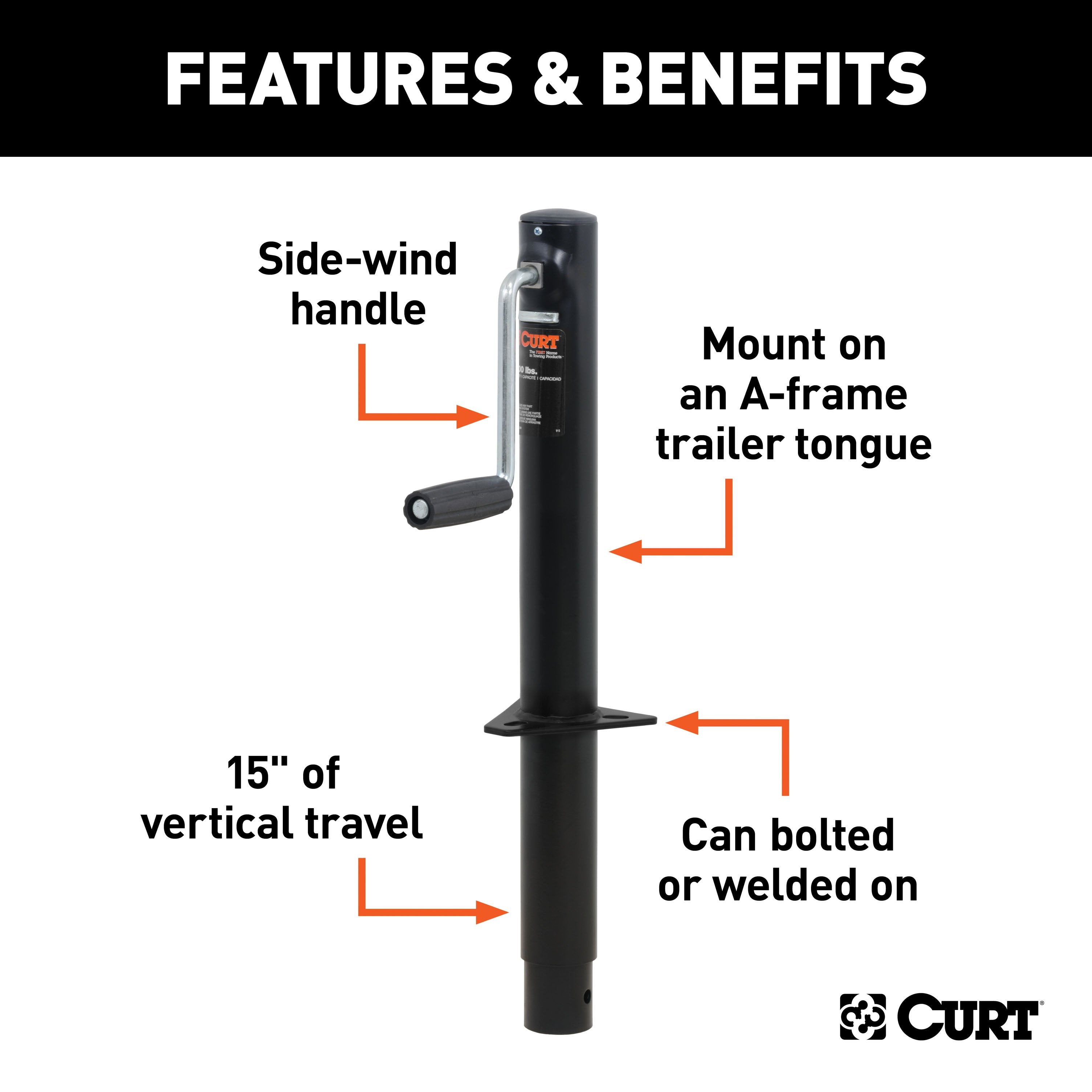 CURT A-Frame Trailer Jack, 3,000 lbs. Support Capacity, 15 Inches Vertical Travel Model 28204