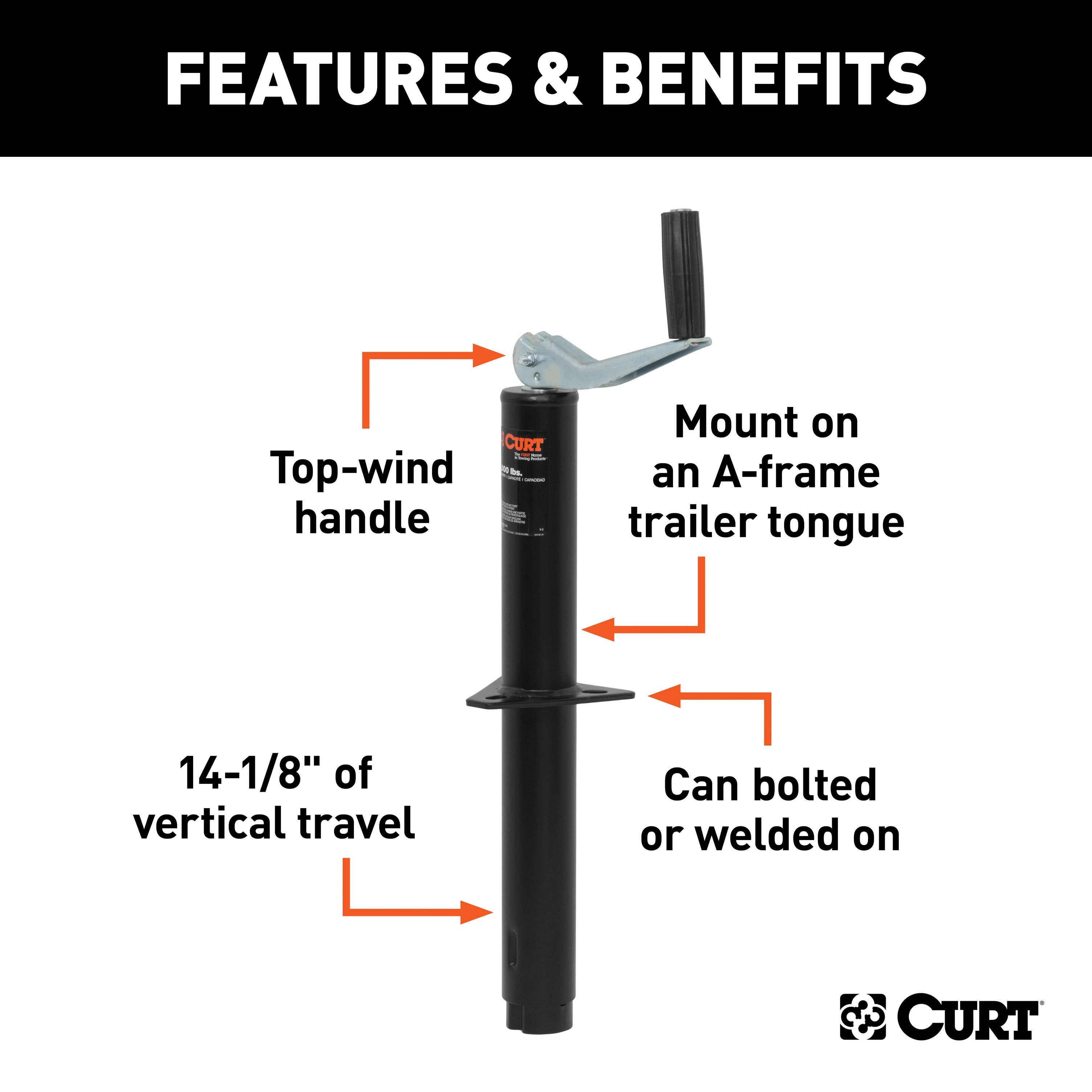CURT A-Frame Trailer Jack, 5,000 lbs. Support Capacity, 14-1/8 Inches Vertical Travel Model 28250