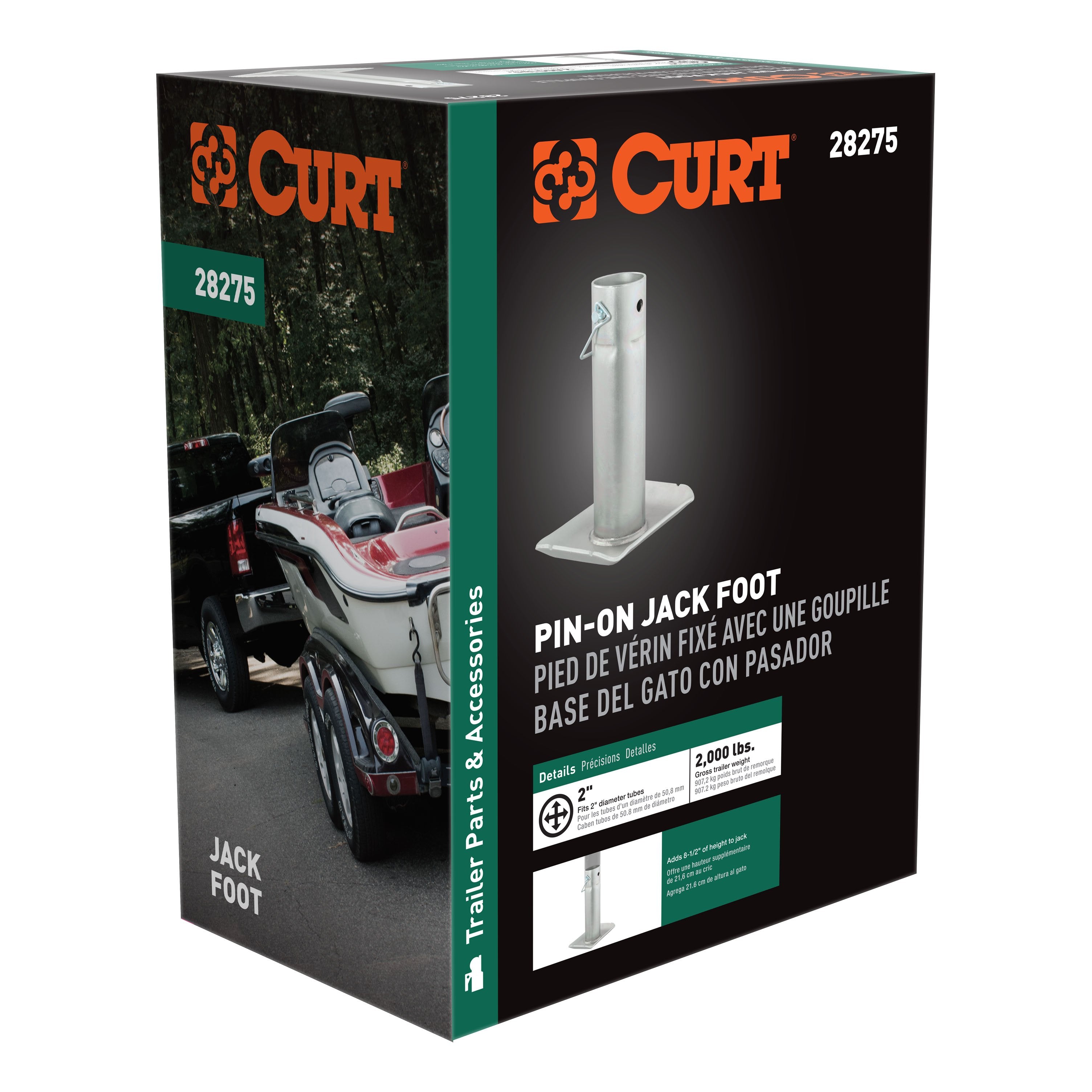 CURT Trailer Jack Foot, Fits 2-Inch Diameter Tube, Supports 2,000 lbs, 8-1/2-In Height Model 28275