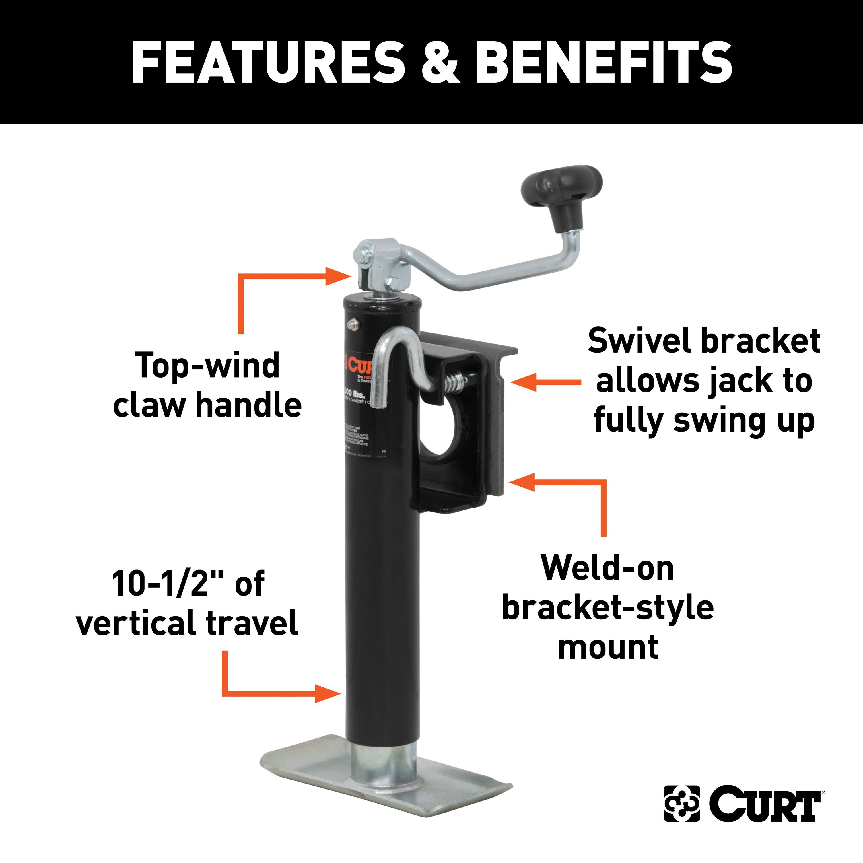 CURT Weld-On Bracket-Style Swivel Trailer Jack, 3,000 lbs. Support Capacity, 10-1/2 Inches Vertical Travel Model 28300