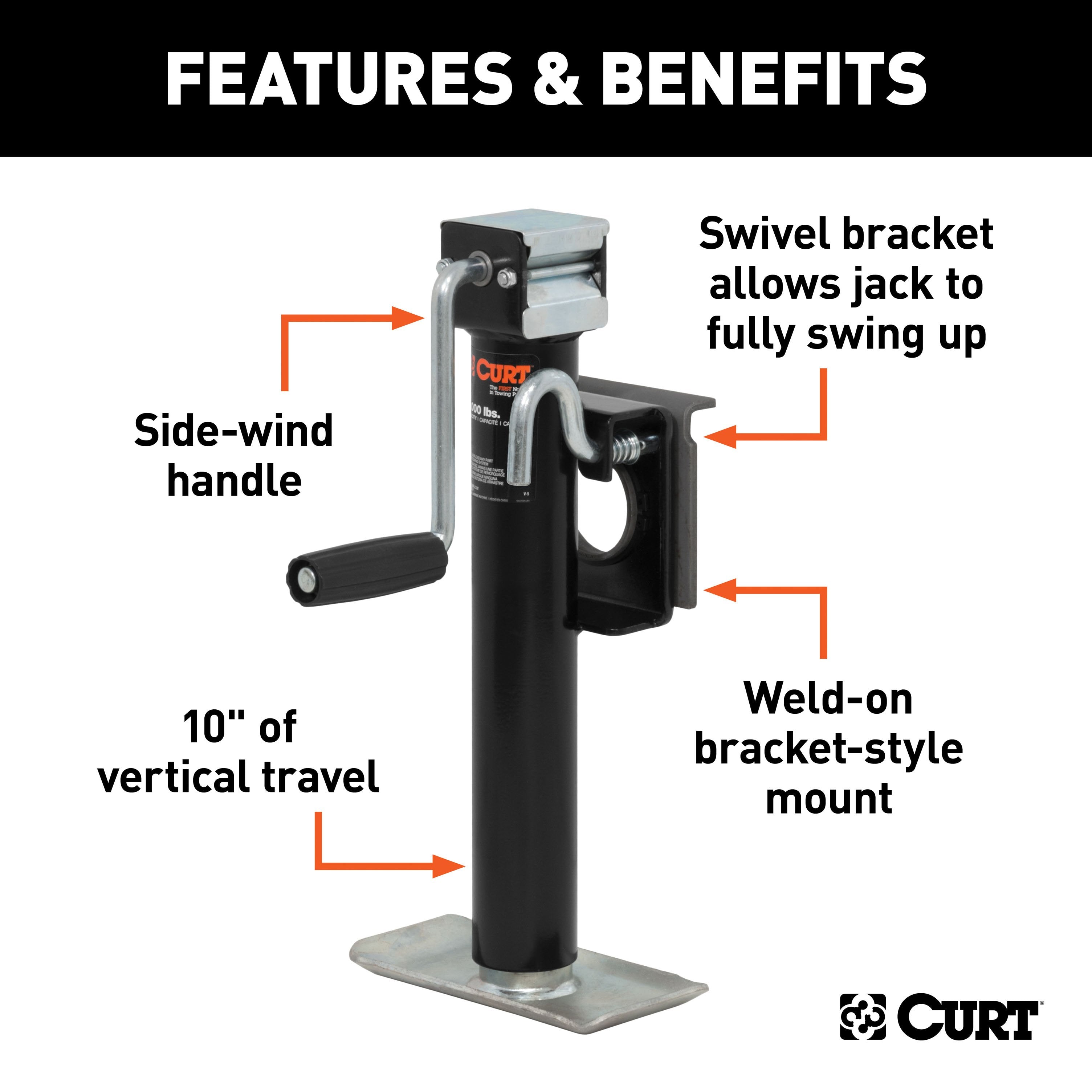CURT Weld-On Bracket-Style Swivel Trailer Jack, 3,000 lbs. Support Capacity, 10 Inches Vertical Travel Model 28302