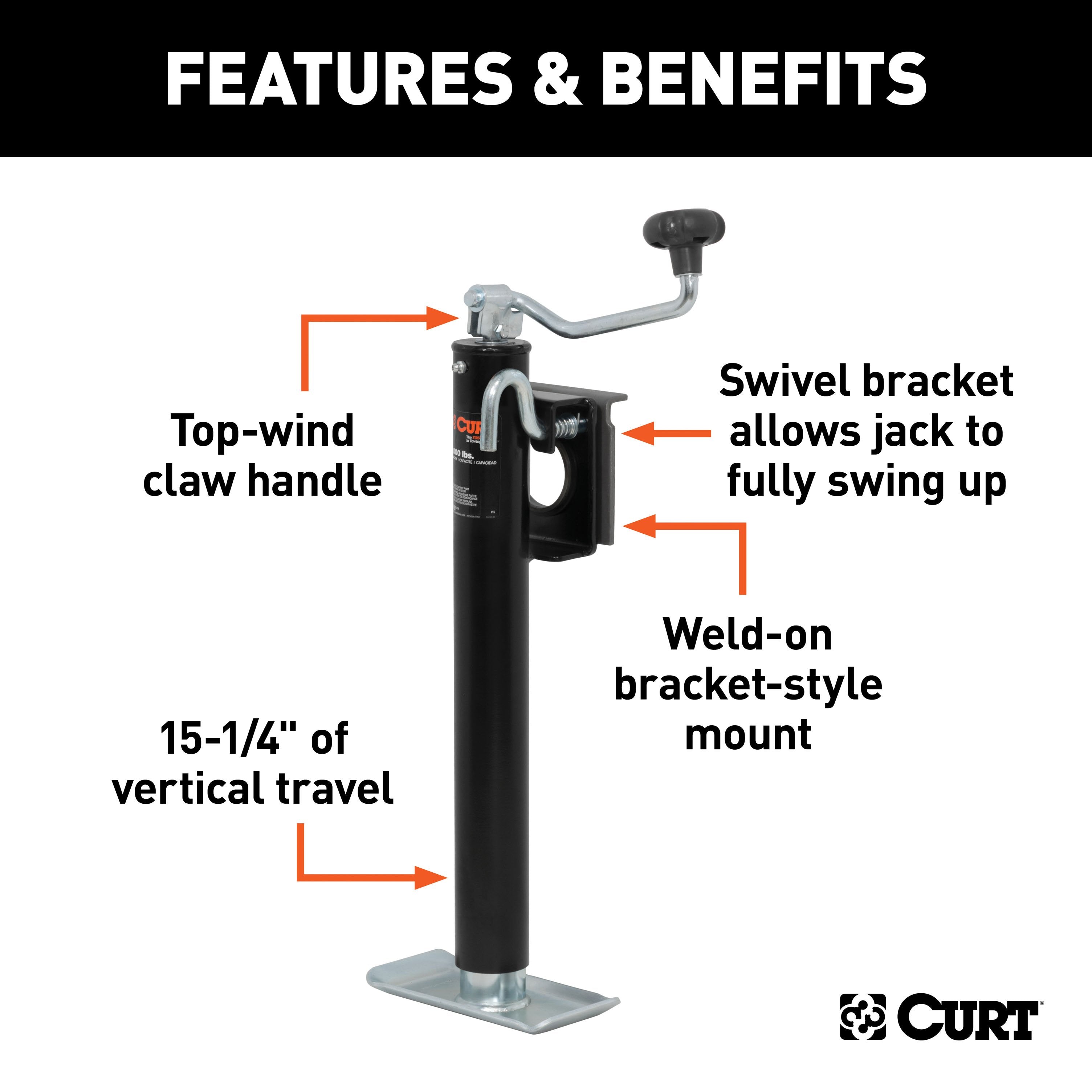 CURT Weld-On Bracket-Style Swivel Trailer Jack, 3,000 lbs. Support Capacity, 15-1/4 Inches Vertical Travel Model 28304