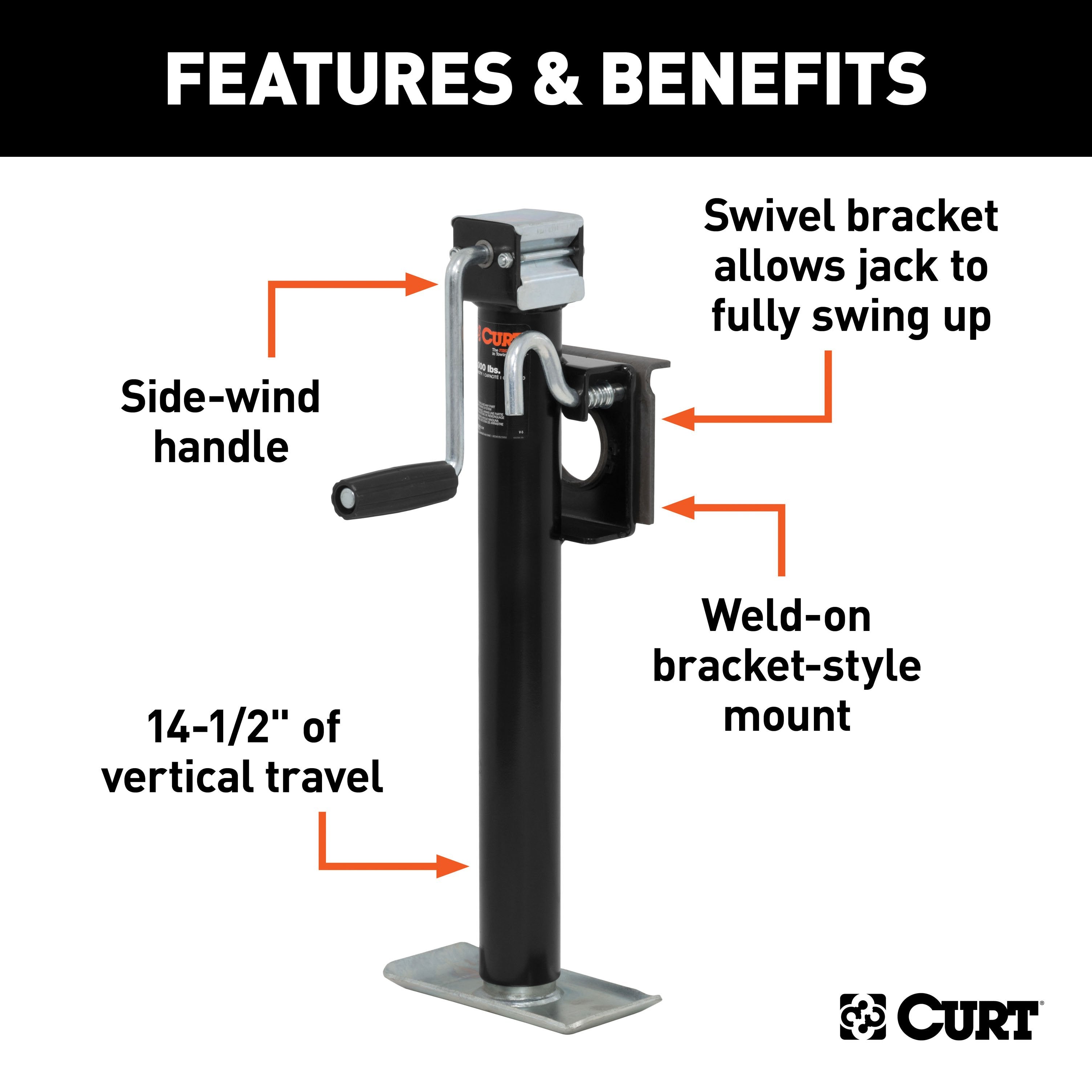 CURT Weld-On Bracket-Style Swivel Trailer Jack, 3,000 lbs. Support Capacity, 14-1/2 Inches Vertical Travel Model 28306