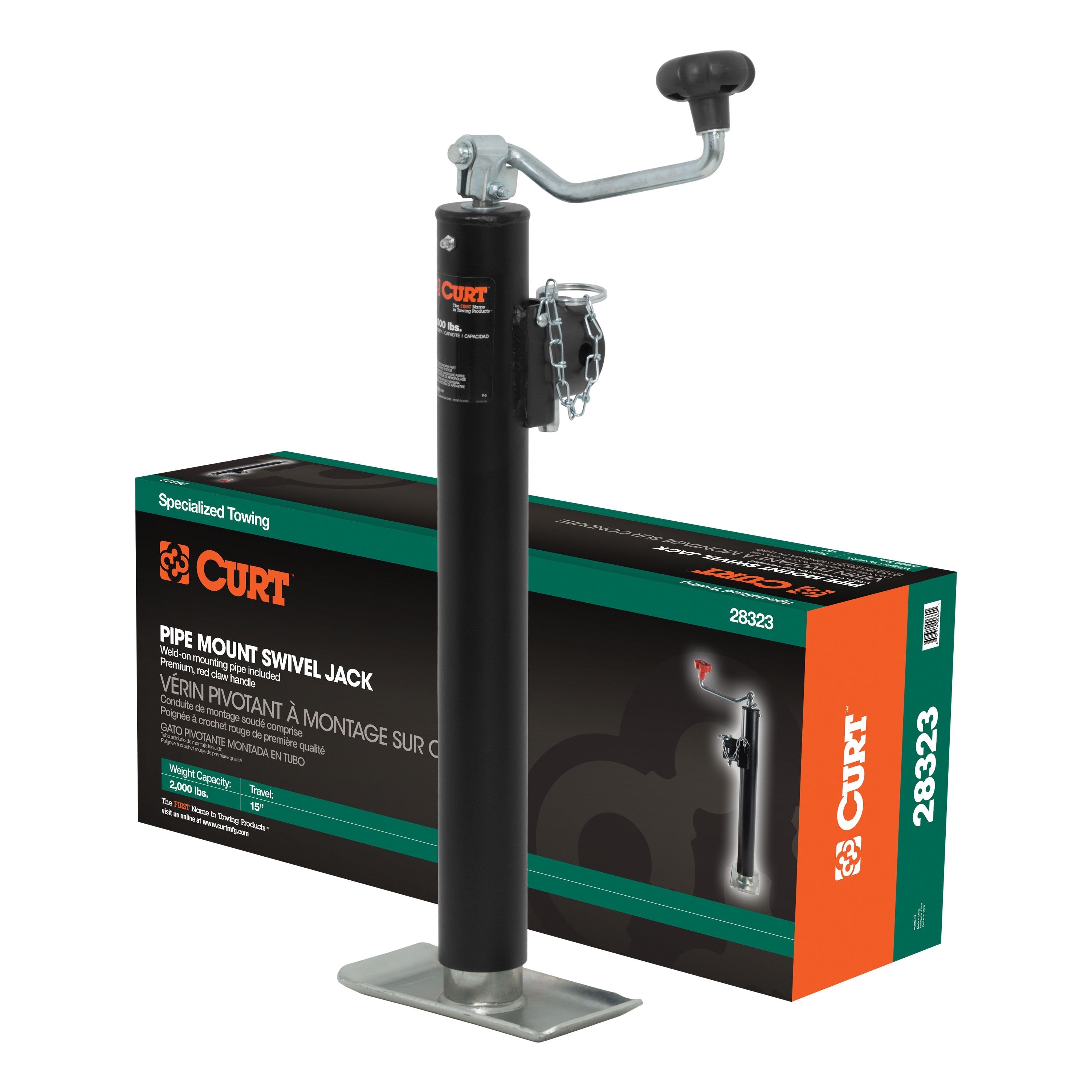 CURT Weld-On Pipe-Mount Swivel Trailer Jack, 2,000 lbs. 15 Inches Vertical Travel Model 28323