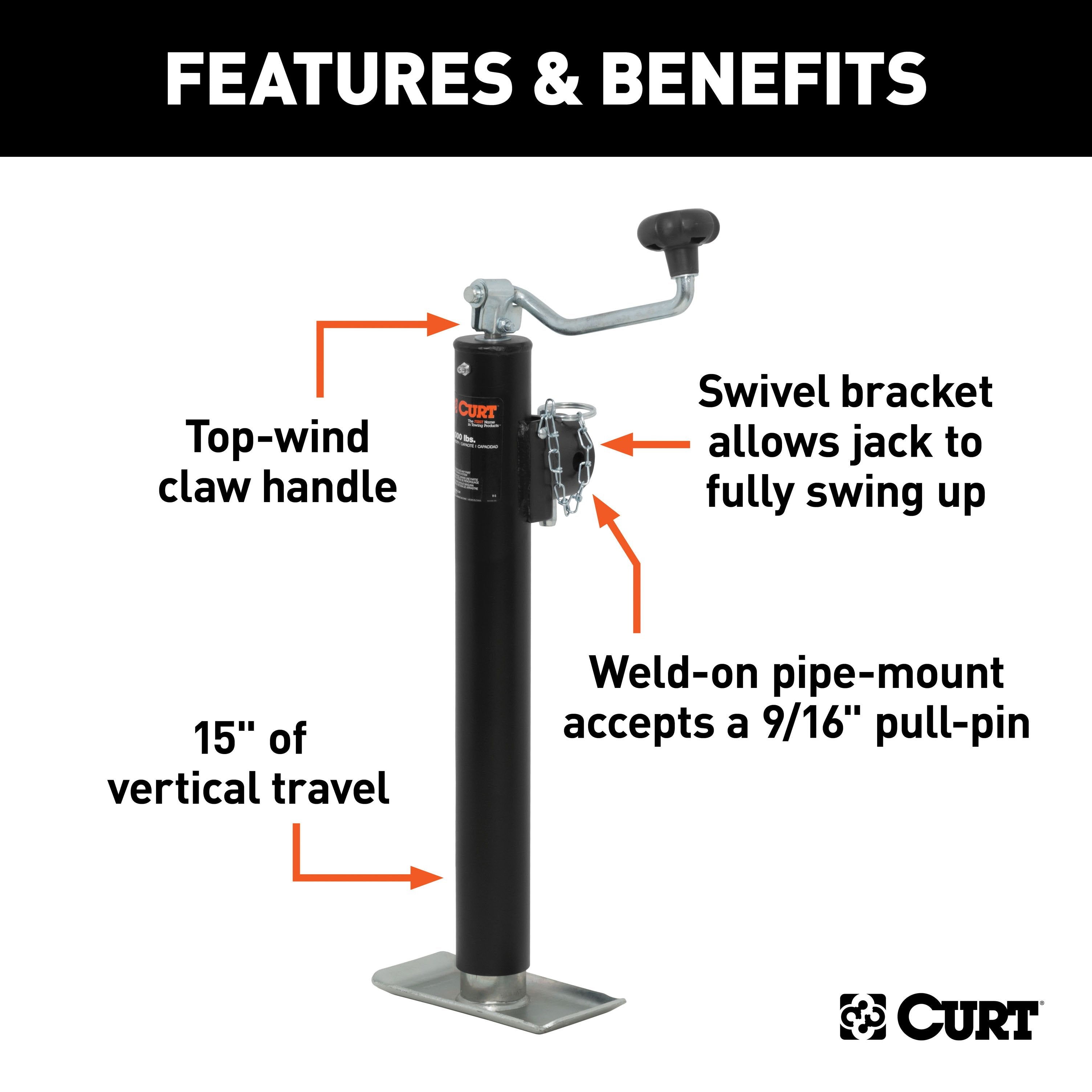 CURT Weld-On Pipe-Mount Swivel Trailer Jack, 2,000 lbs. 15 Inches Vertical Travel Model 28323
