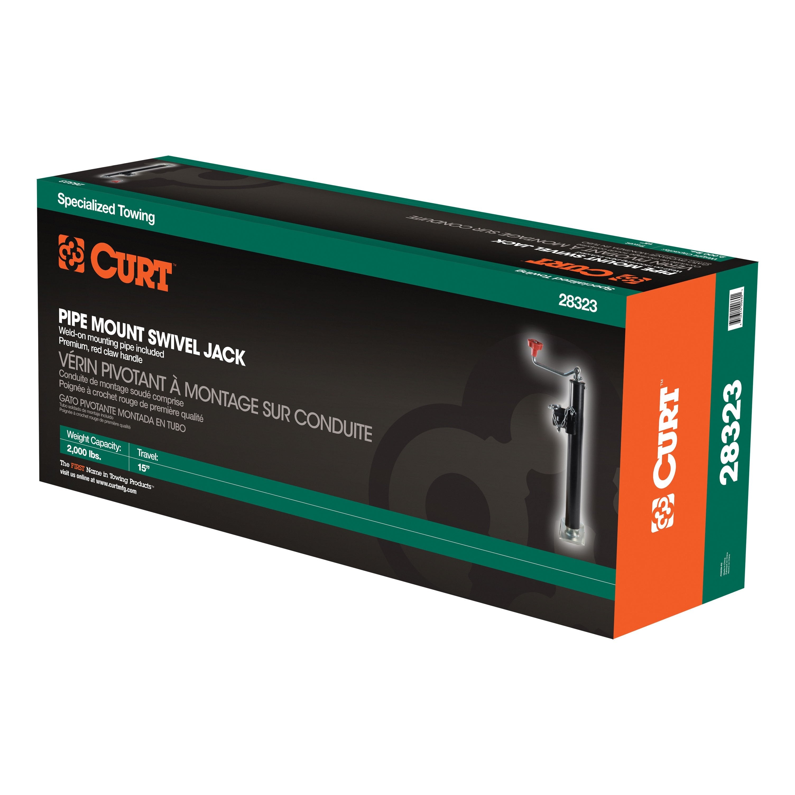 CURT Weld-On Pipe-Mount Swivel Trailer Jack, 2,000 lbs. 15 Inches Vertical Travel Model 28323