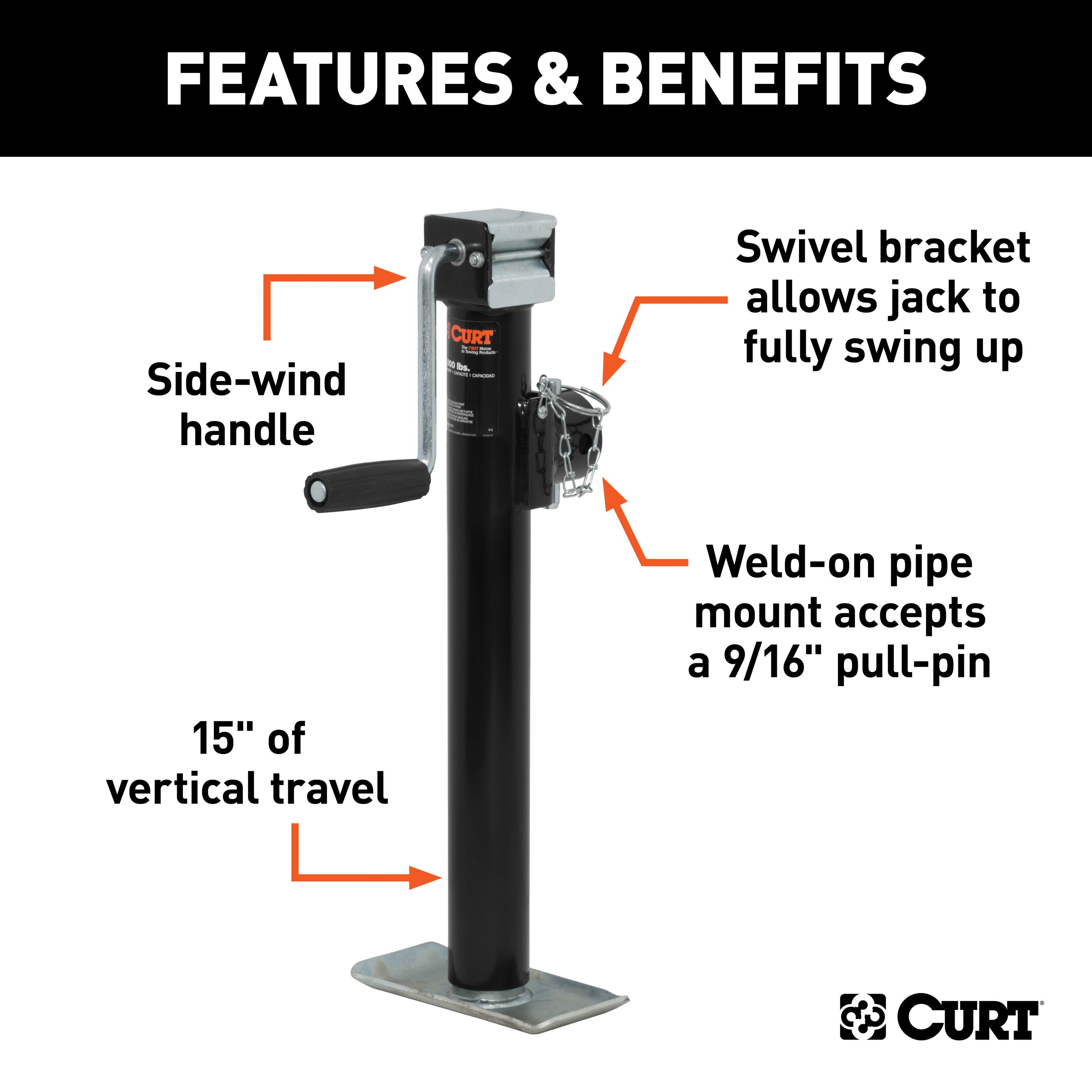 CURT Weld-On Pipe-Mount Swivel Trailer Jack, 3,000 lbs. Support Capacity, 15 Inches Vertical Travel Model 28324
