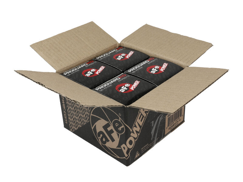 Box of aFe PROGUARD oil filters, showcasing multiple filters inside a cardboard packaging, ready for shipping.