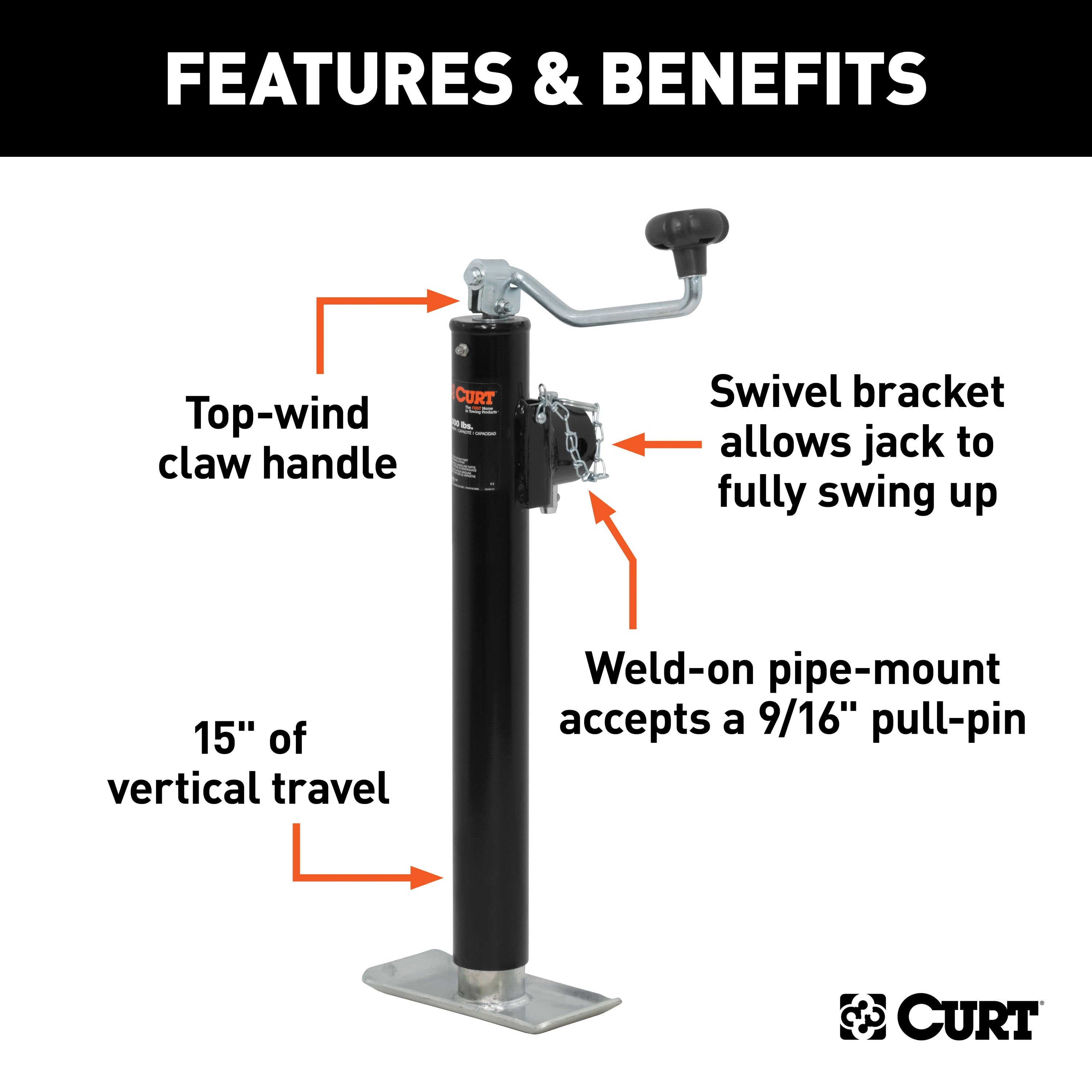 CURT Weld-On Pipe-Mount Swivel Trailer Jack, 5,000 lbs. Support Capacity, 15 Inches Vertical Travel Model 28356