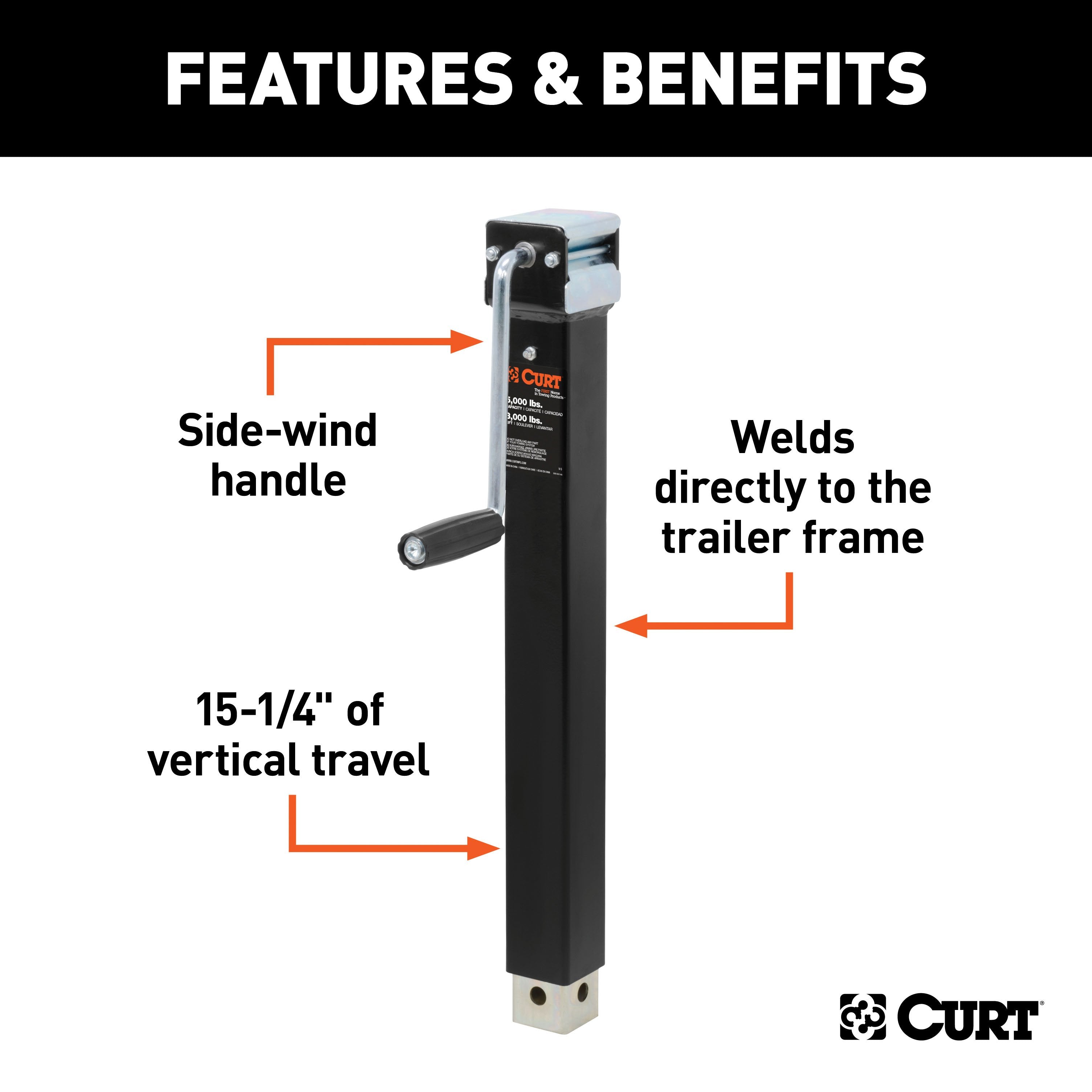 CURT Direct Weld On Heavy-Duty Trailer Jack, 5,000 lbs. Support Capacity, 15-1/4 Inches Vertical Travel Model 28359